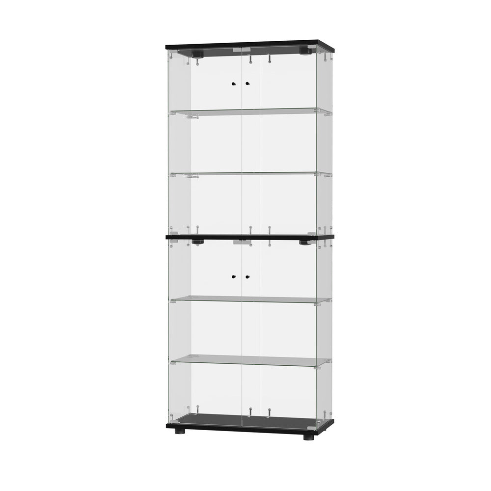 Glass Display Cabinet Black – 6‑Tier LED Showcase with Double Glass Doors