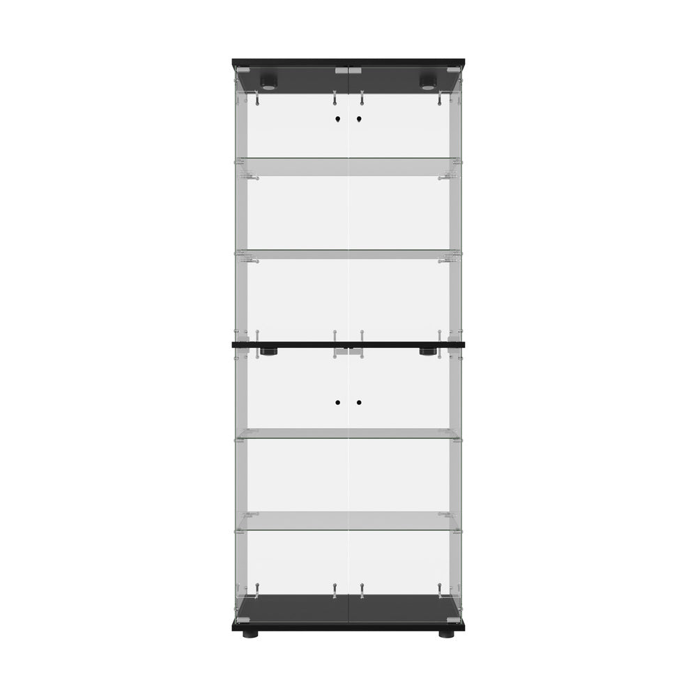 Glass Display Cabinet Black – 6‑Tier LED Showcase with Double Glass Doors