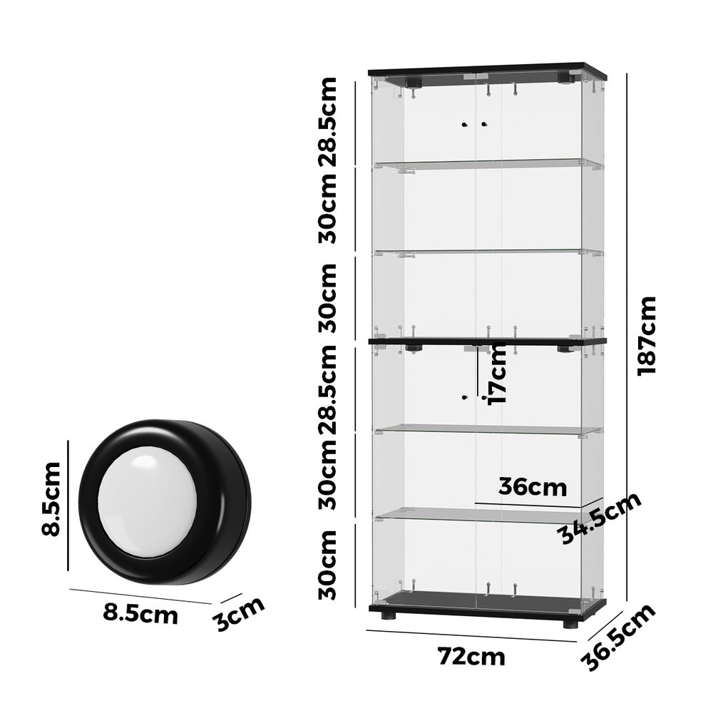 Glass Display Cabinet Black – 6‑Tier LED Showcase with Double Glass Doors