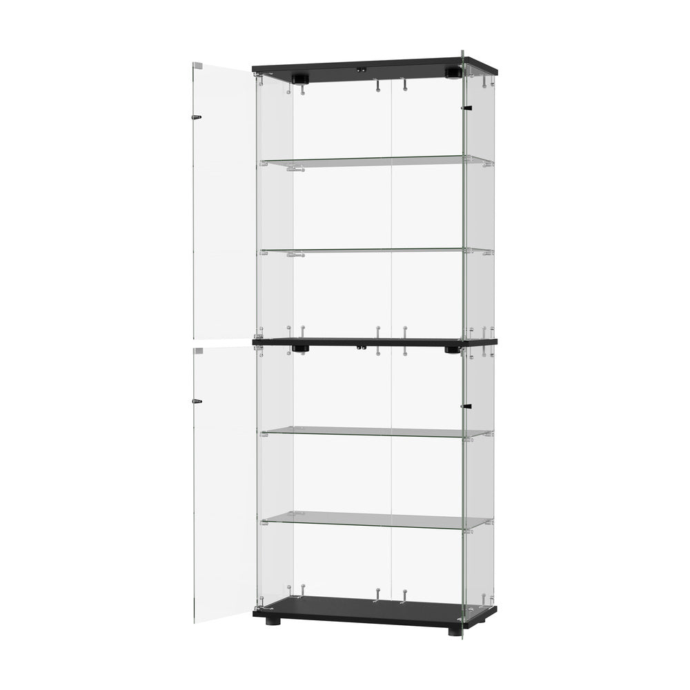 Glass Display Cabinet Black – 6‑Tier LED Showcase with Double Glass Doors