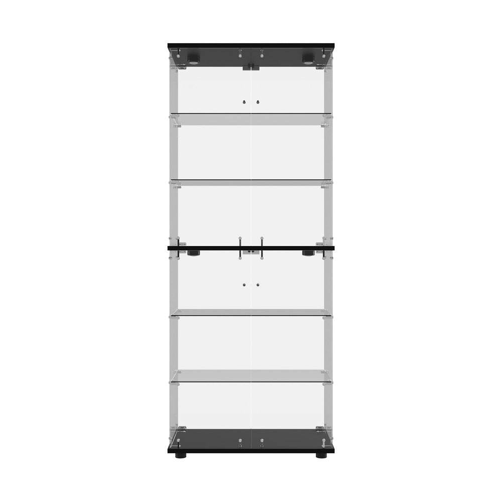 Glass Display Cabinet Black – 6‑Tier LED Showcase with Double Glass Doors