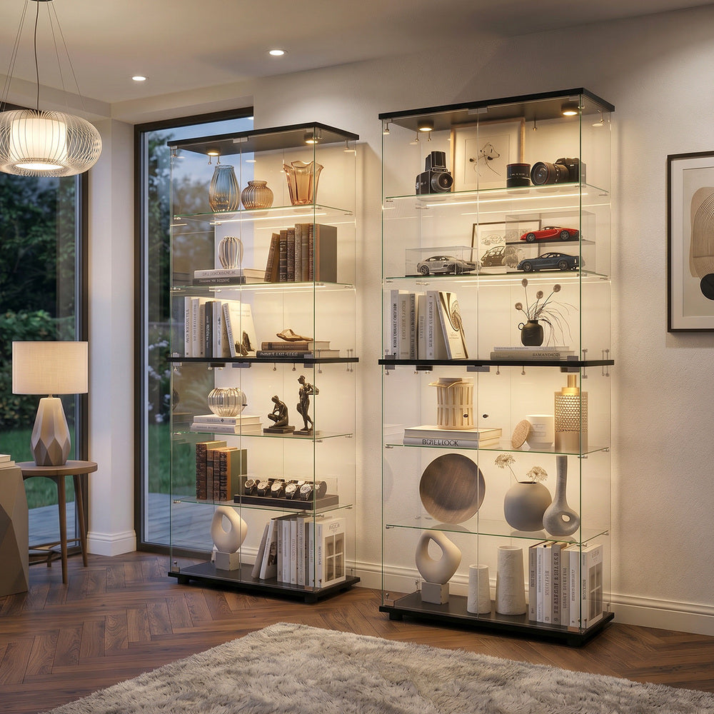 Glass Display Cabinet Black – 6‑Tier LED Showcase with Double Glass Doors