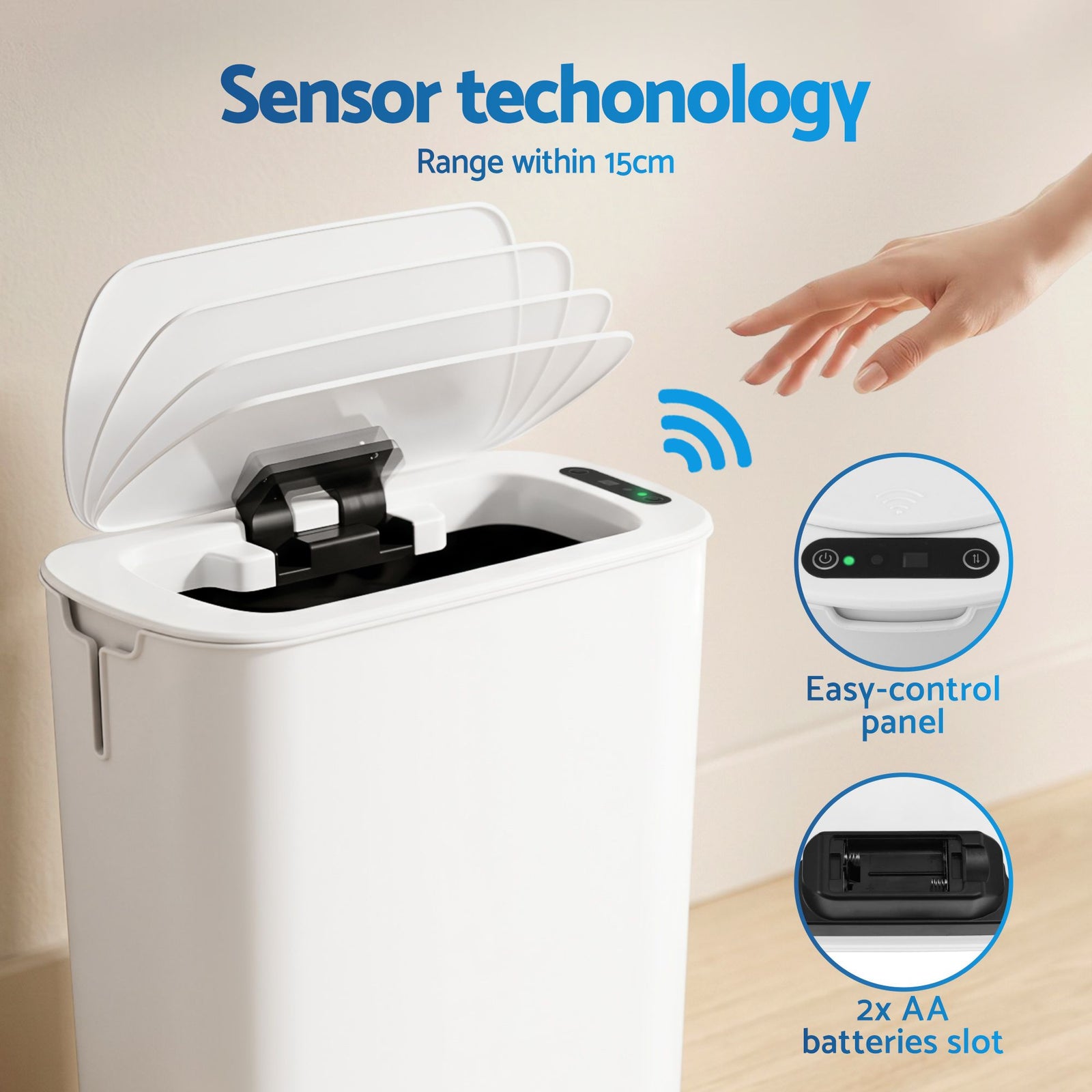 2‑Pack Motion Sensor Bins – 11L Touchless Slim Trash Cans, White