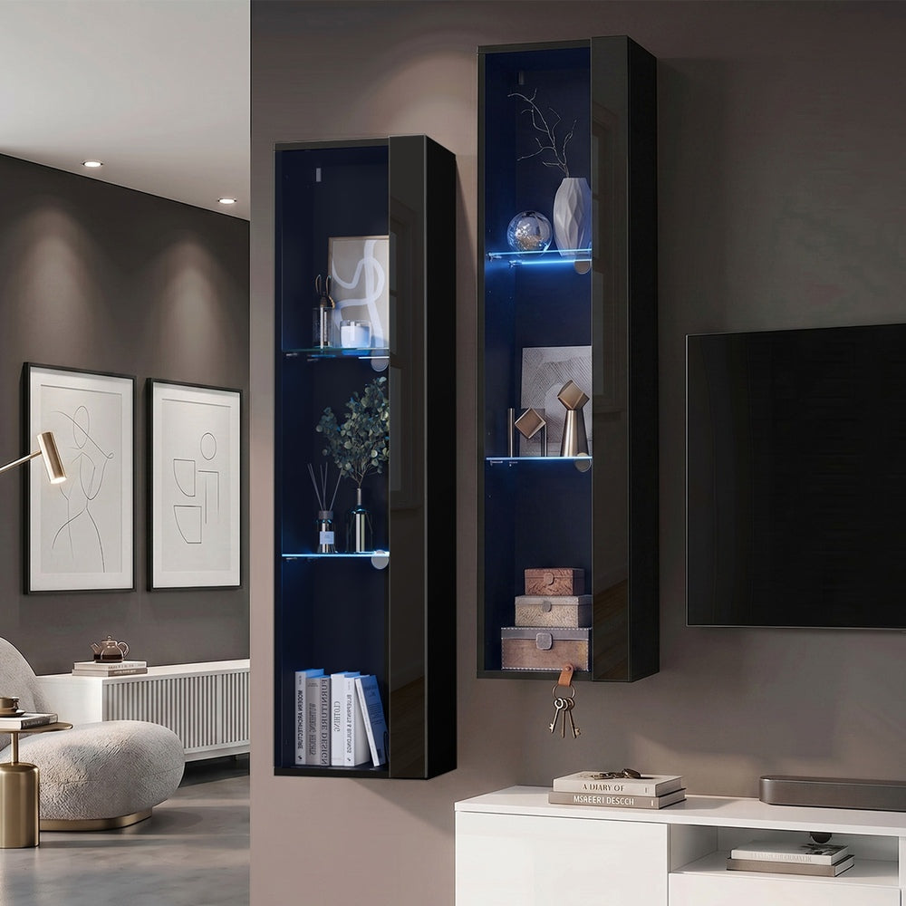 2PCS LED Display Cabinet Wall Mounted Storage Cupboard Black