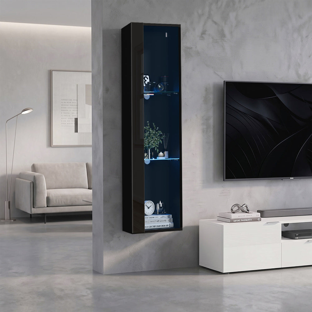 2PCS LED Display Cabinet Wall Mounted Storage Cupboard Black