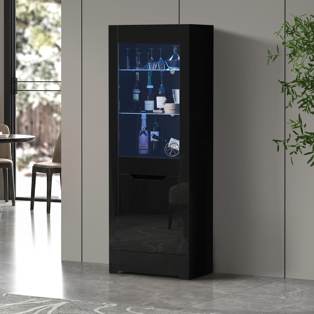 Display Cabinet Black – High Gloss Cupboard with LED & Glass Shelves