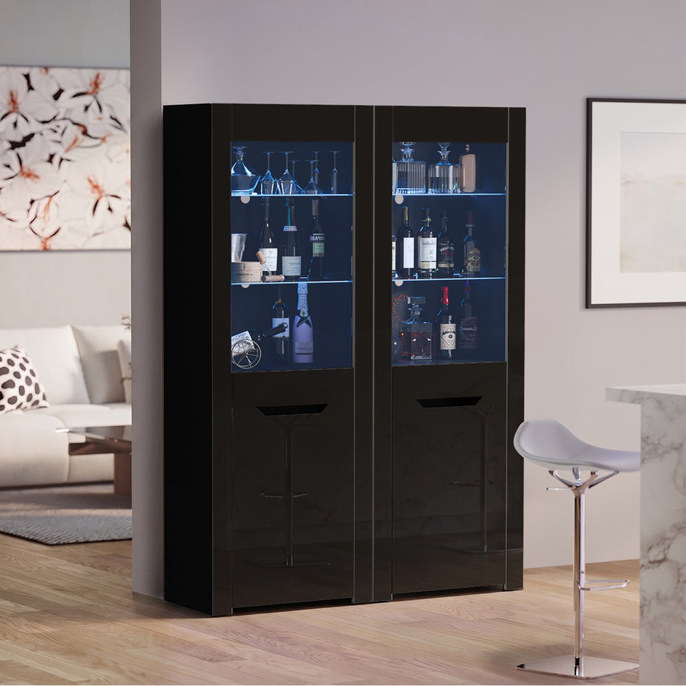 Display Cabinet Black – High Gloss Cupboard with LED & Glass Shelves