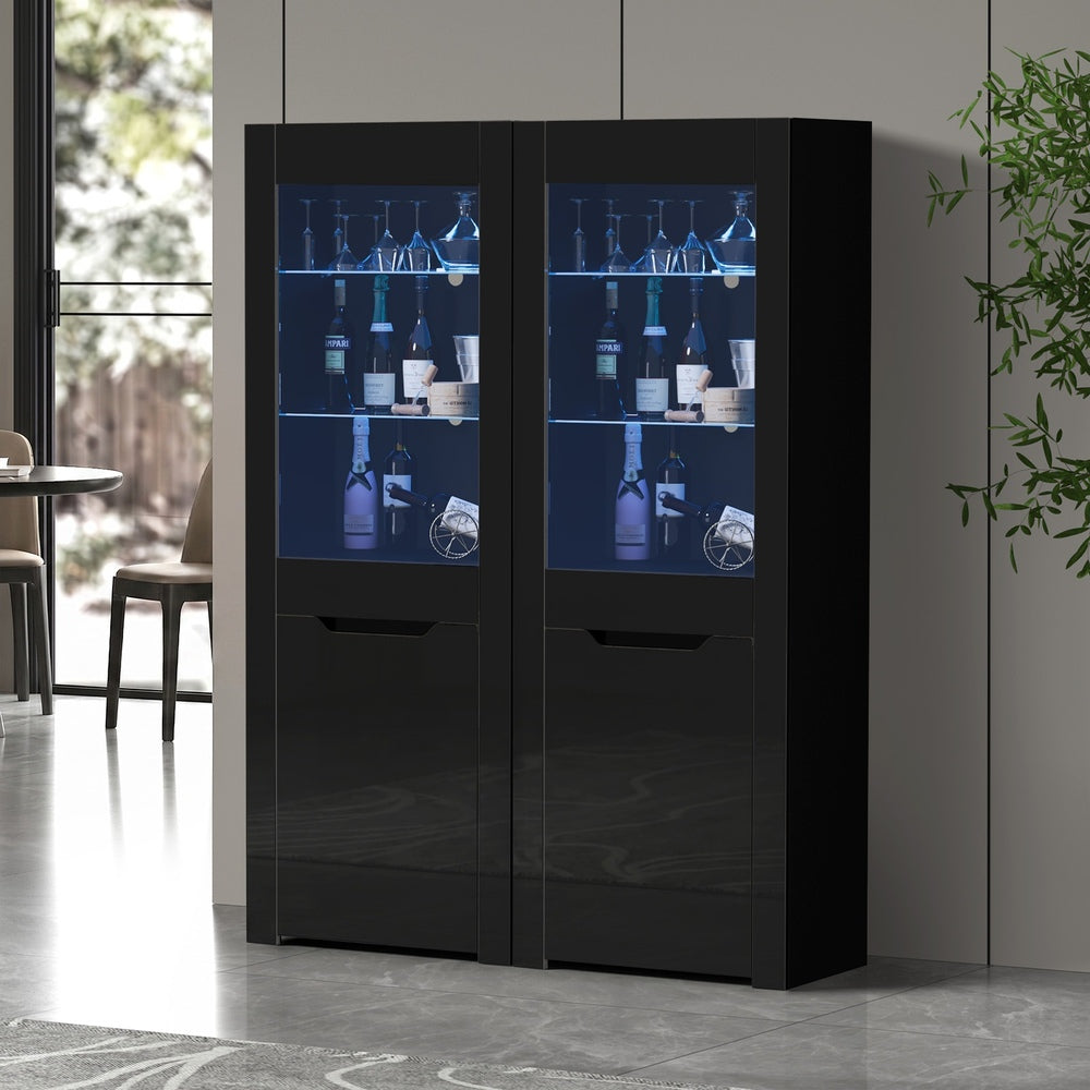 Oikiture 2x LED Cabinet Tall Sideboard High Gloss Cupboard Black