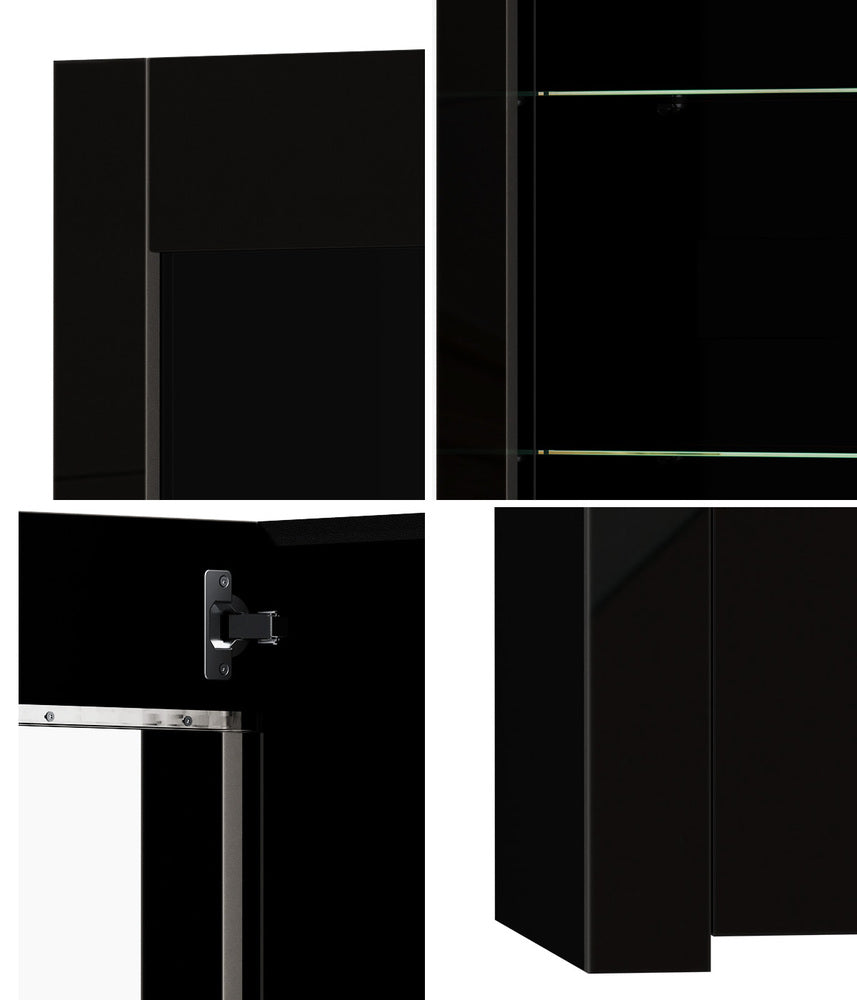 Oikiture 2x LED Cabinet Tall Sideboard High Gloss Cupboard Black