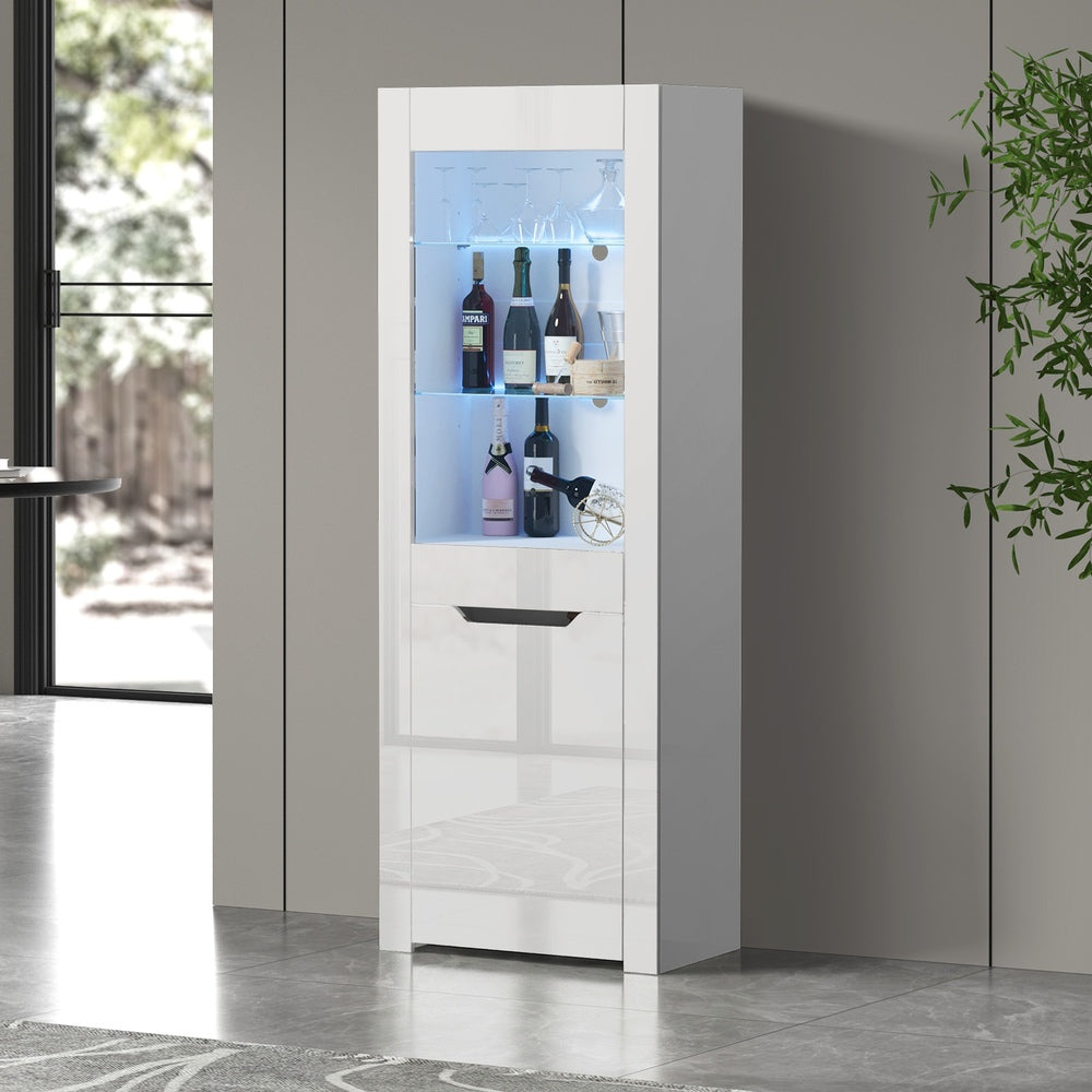 Display Cabinet White – High Gloss Cupboard with LED & Glass Shelves