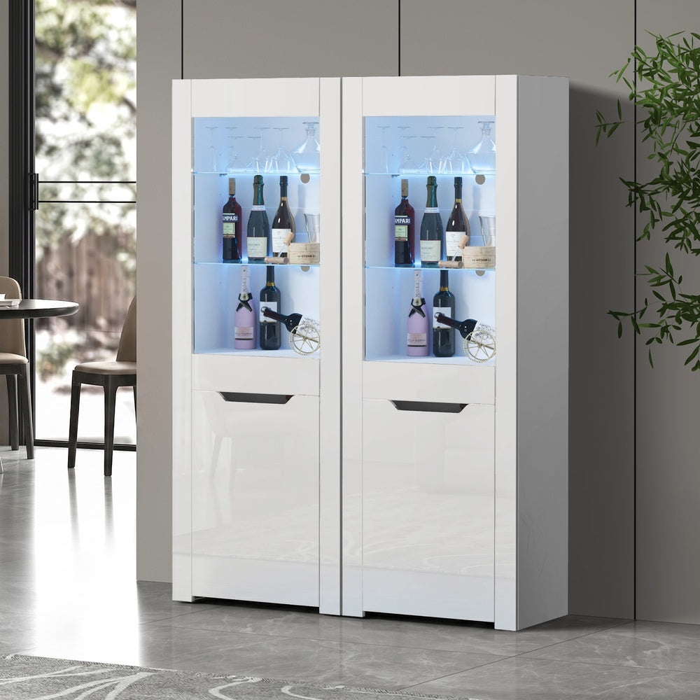 Oikiture 2x LED Cabinet Tall Sideboard High Gloss Cupboard White