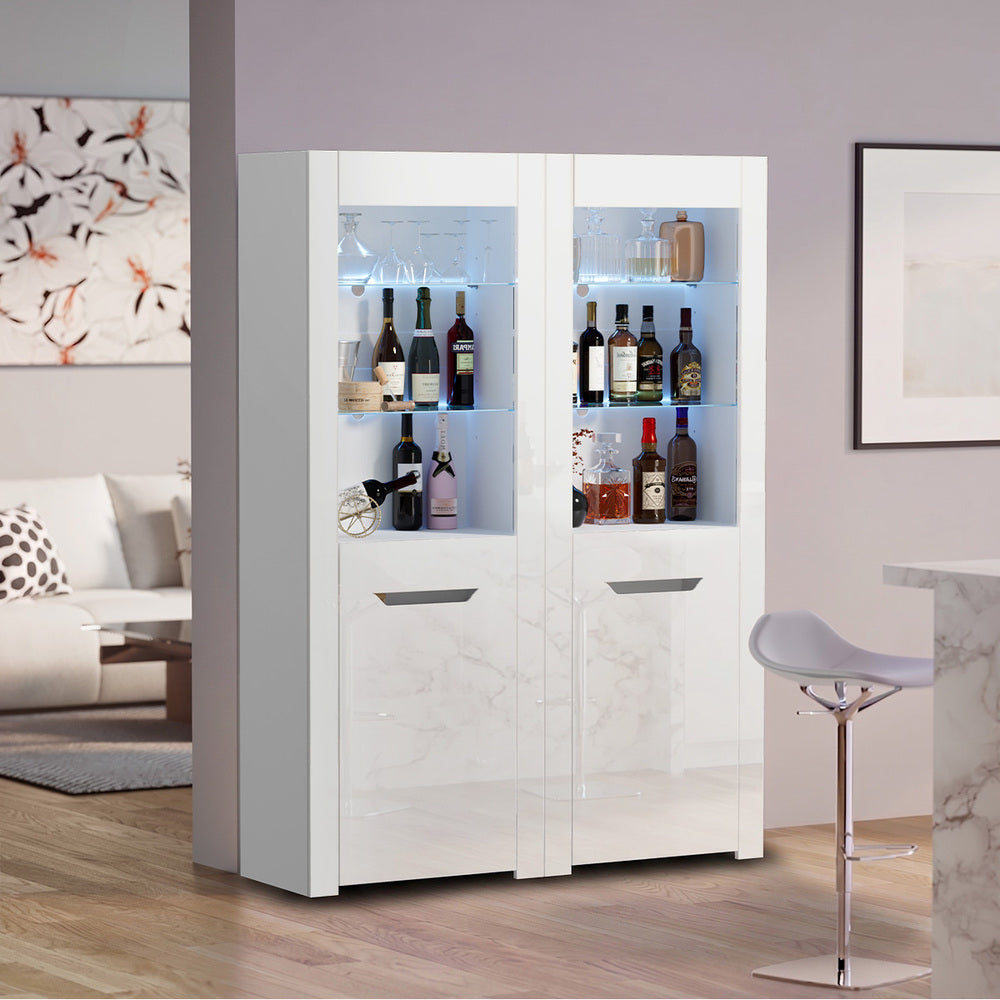 Oikiture 2x LED Cabinet Tall Sideboard High Gloss Cupboard White