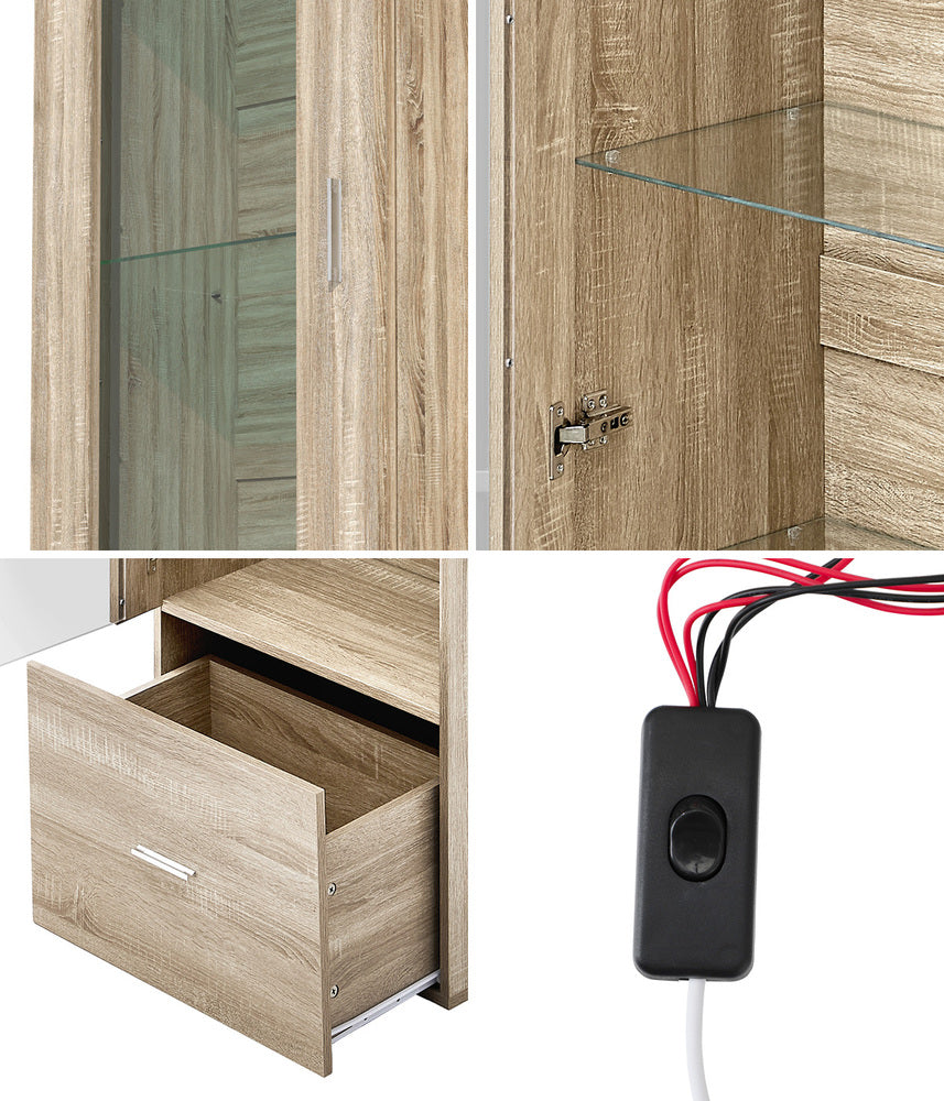 Display Cabinet Buffet Sideboard LED Light High Gloss Door Natural