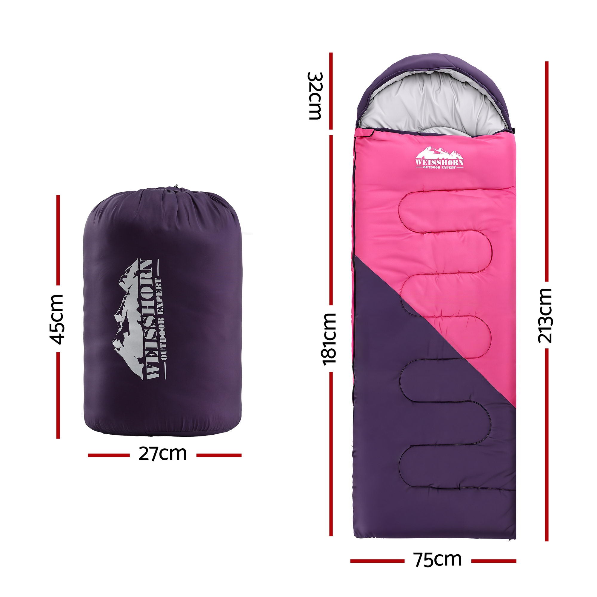 Sleeping Bag Single 213cm Thermal Camping Hiking Pink
