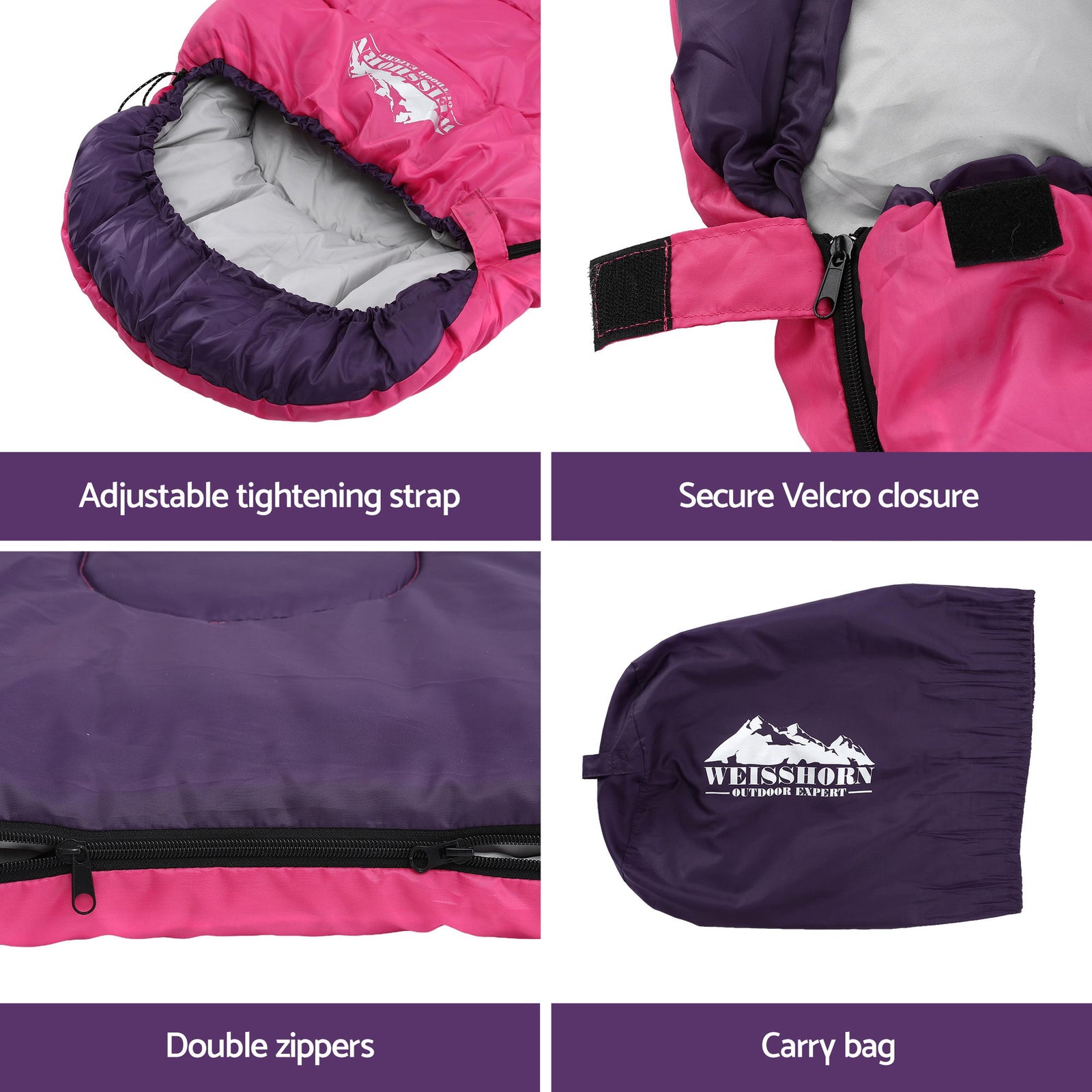 Sleeping Bag Single 213cm Thermal Camping Hiking Pink