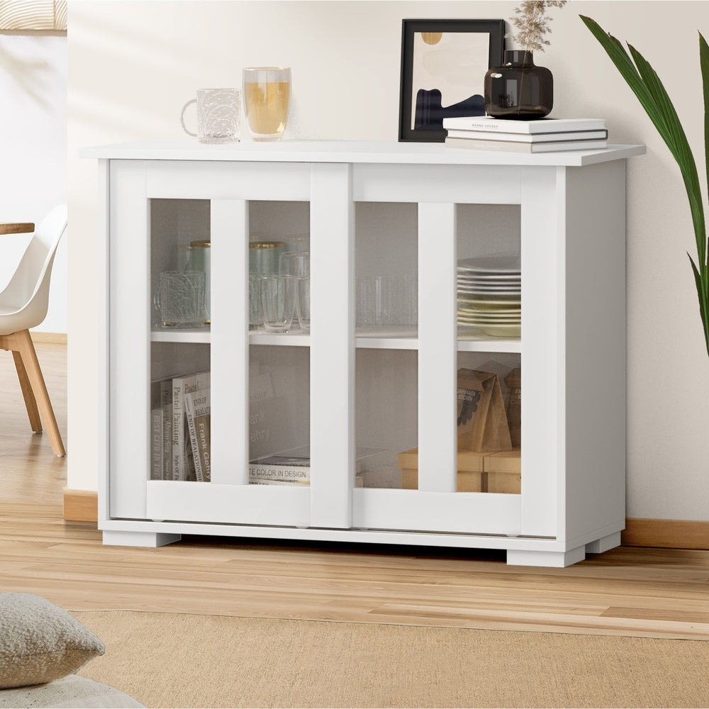 Sideboard Buffet Glass Sliding Door White