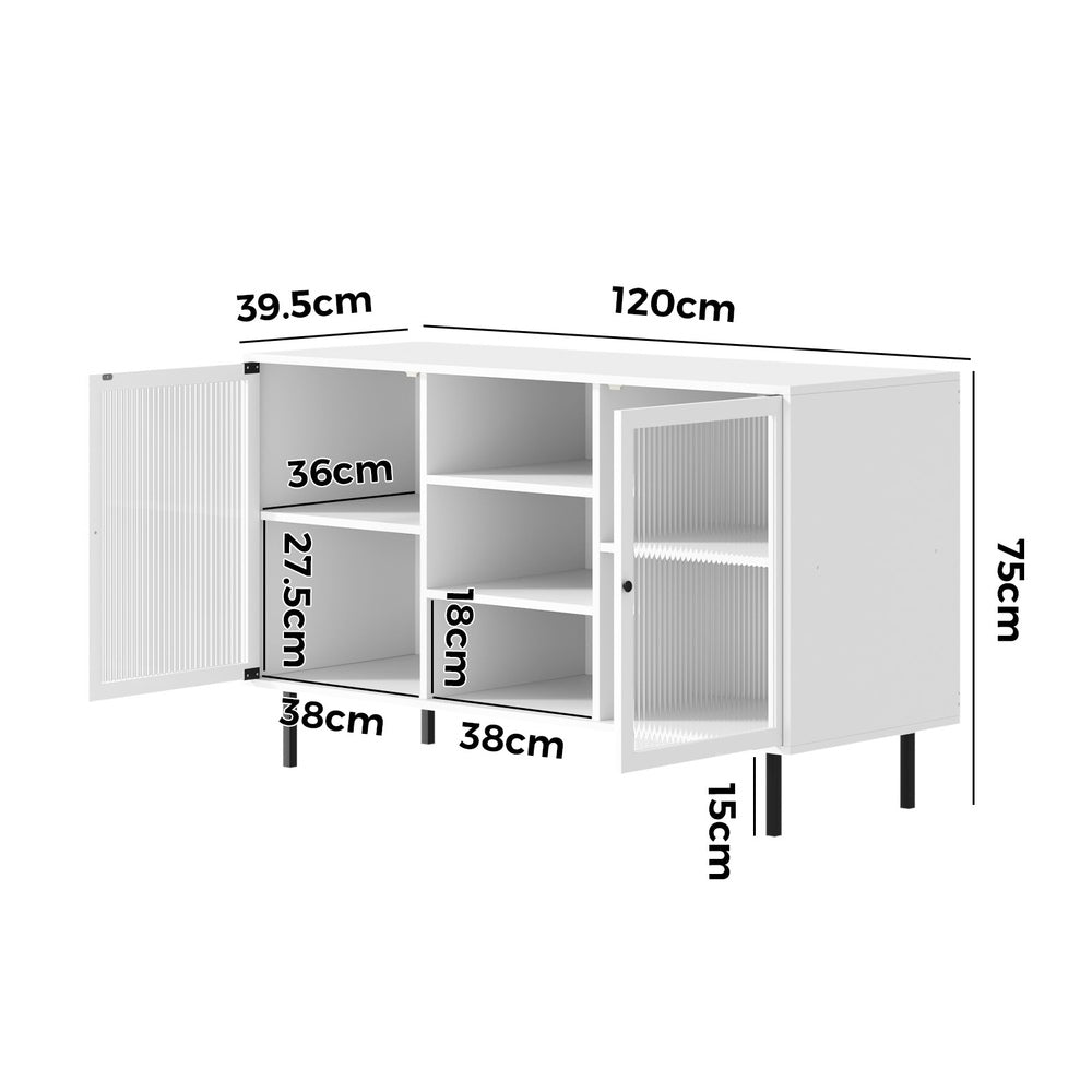 Oikiture Sideboard Buffet Tempered Glass Door 2 Drawers White