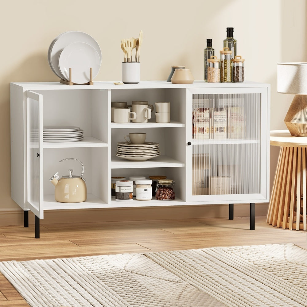 Oikiture Sideboard Buffet Tempered Glass Door 2 Drawers White