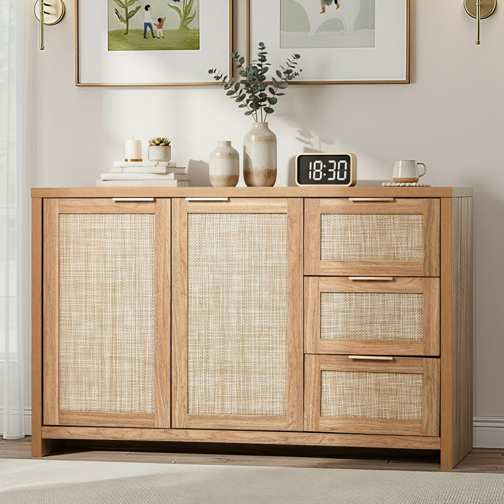 Buffet Sideboard Cabinet Rattan 3 Drawer Hallway Table