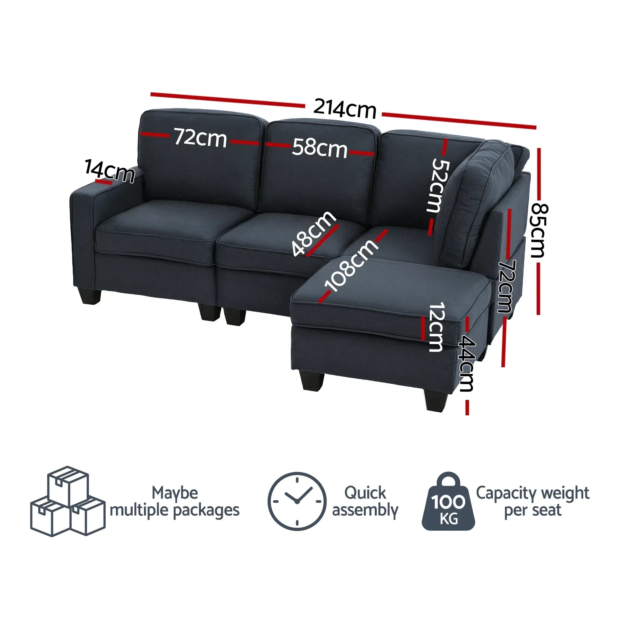 Modular Sofa Set Faux Linen Lounge Couch Ottoman Dark Grey
