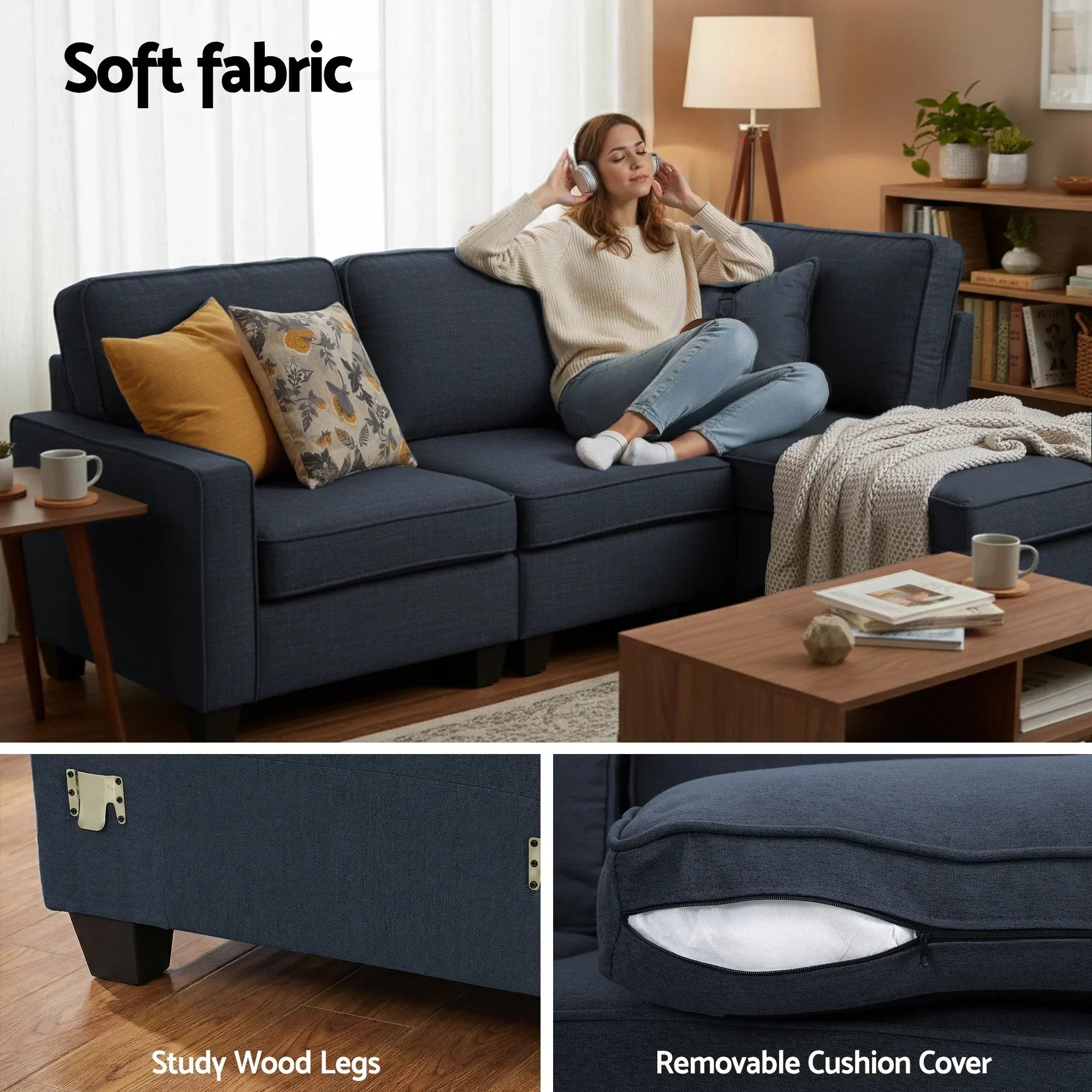 Modular Sofa Set Faux Linen Lounge Couch Ottoman Dark Grey