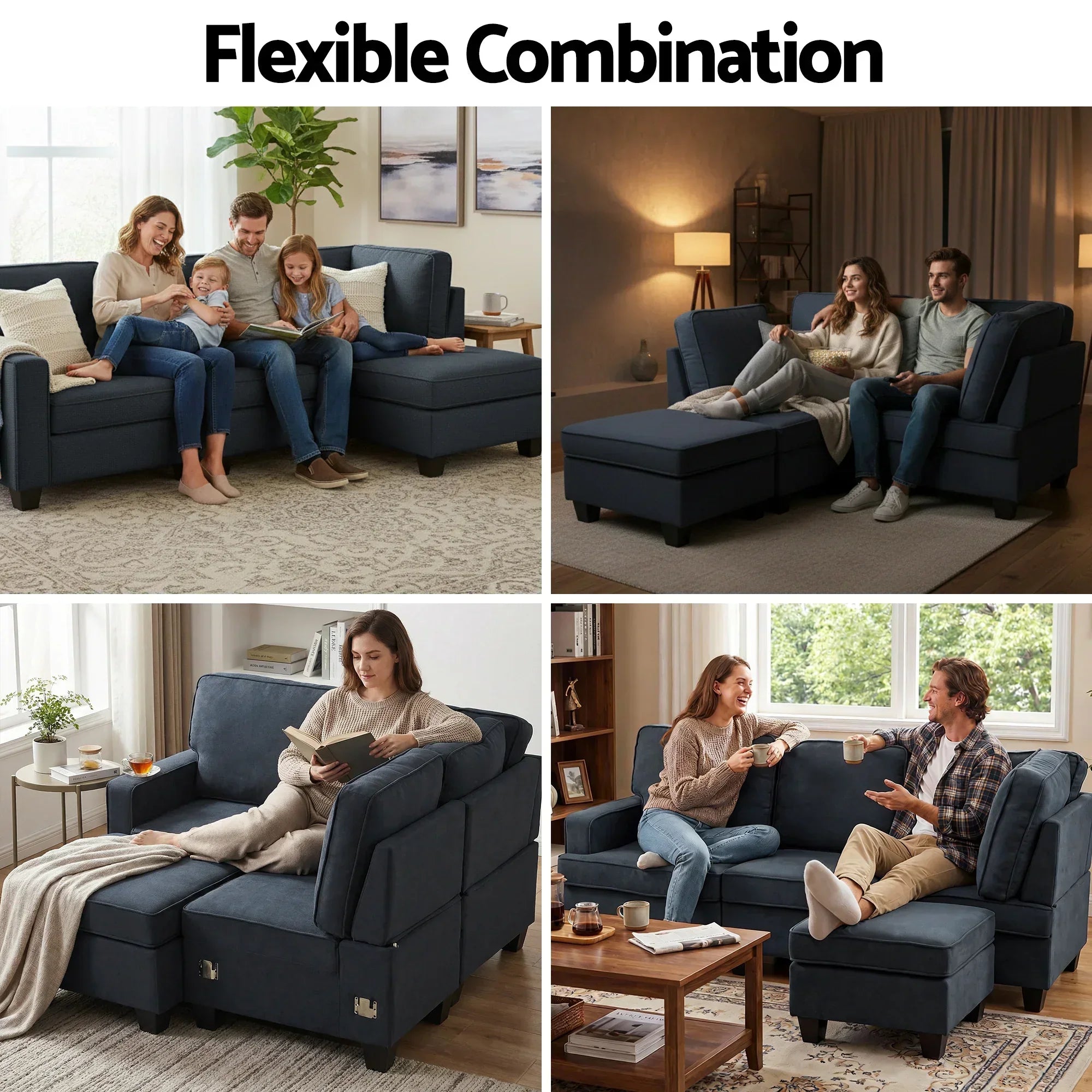 Modular Sofa Set Faux Linen Lounge Couch Ottoman Dark Grey