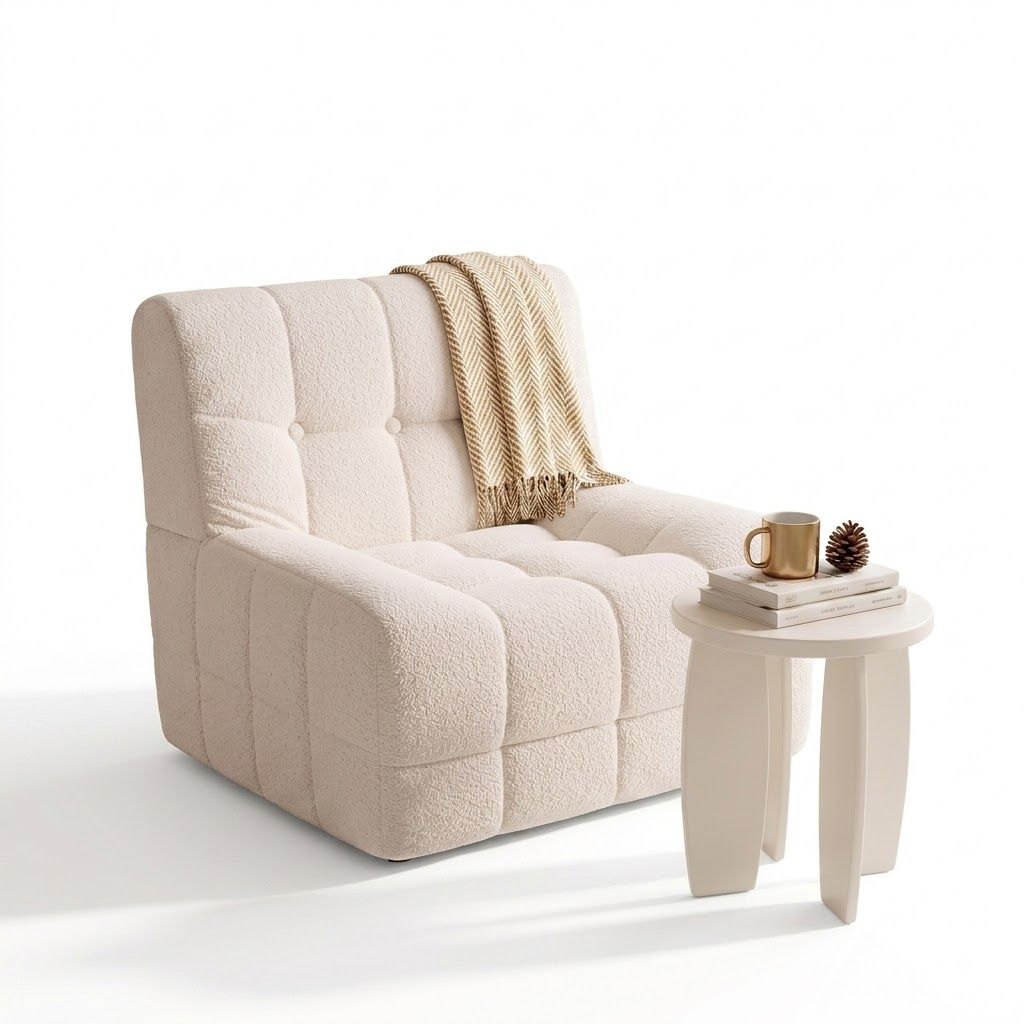 Single Boneless Sofa and Round End Table Set, White, 150kg Load