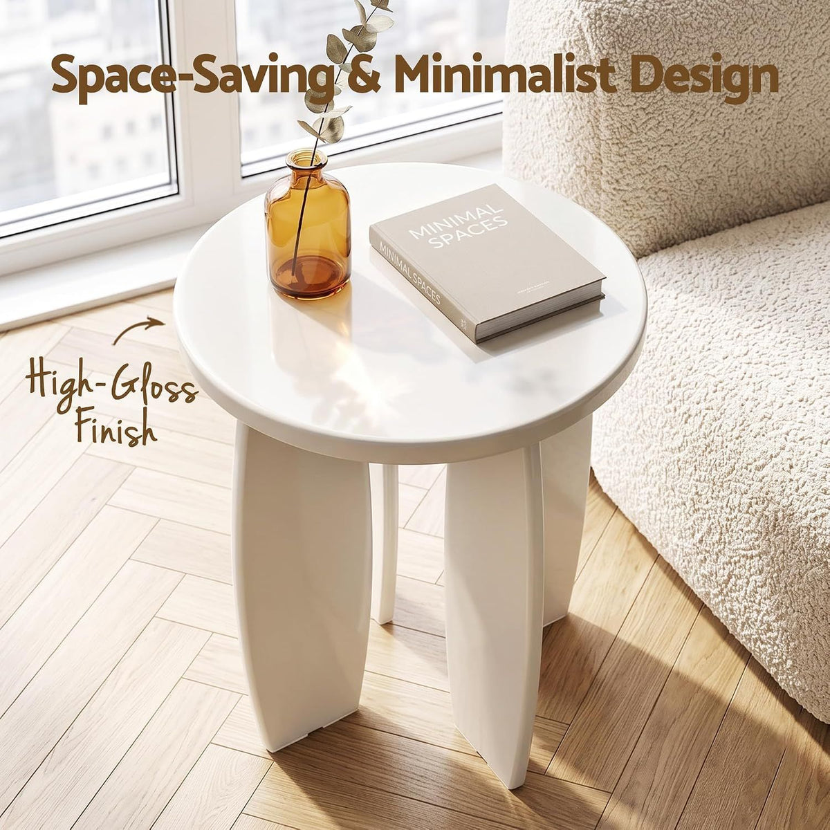 Single Boneless Sofa and Round End Table Set, White, 150kg Load