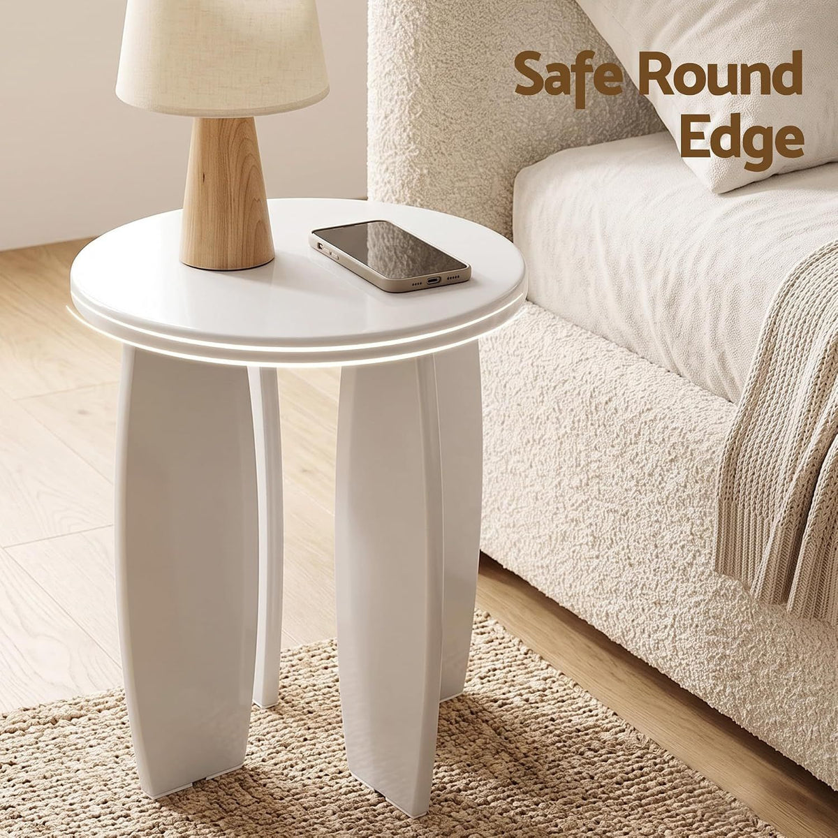 Single Boneless Sofa and Round End Table Set, White, 150kg Load