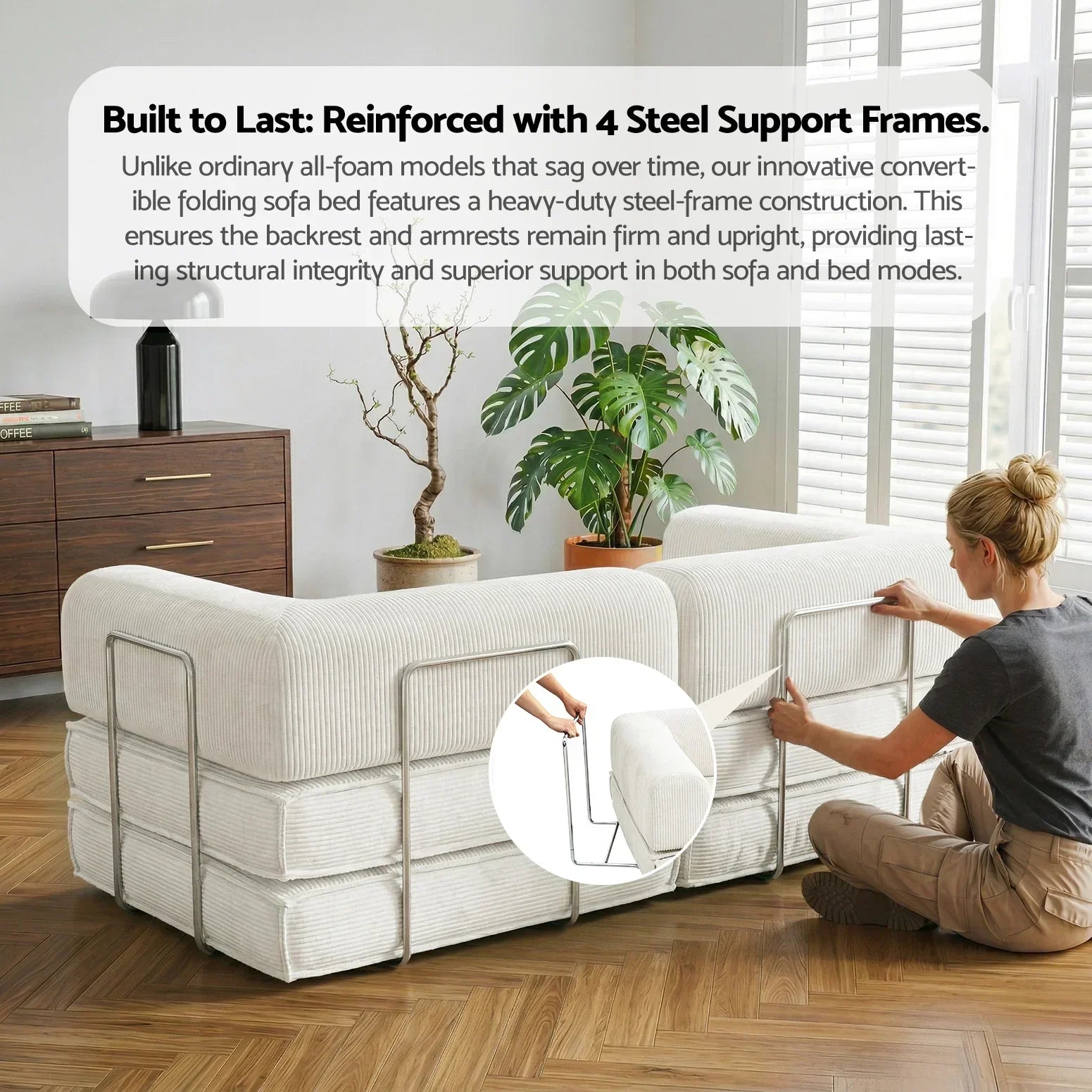 Artiss 2‑Seater Corduroy Convertible Sofa Bed – Foldable, Steel Frame, 300kg Capacity