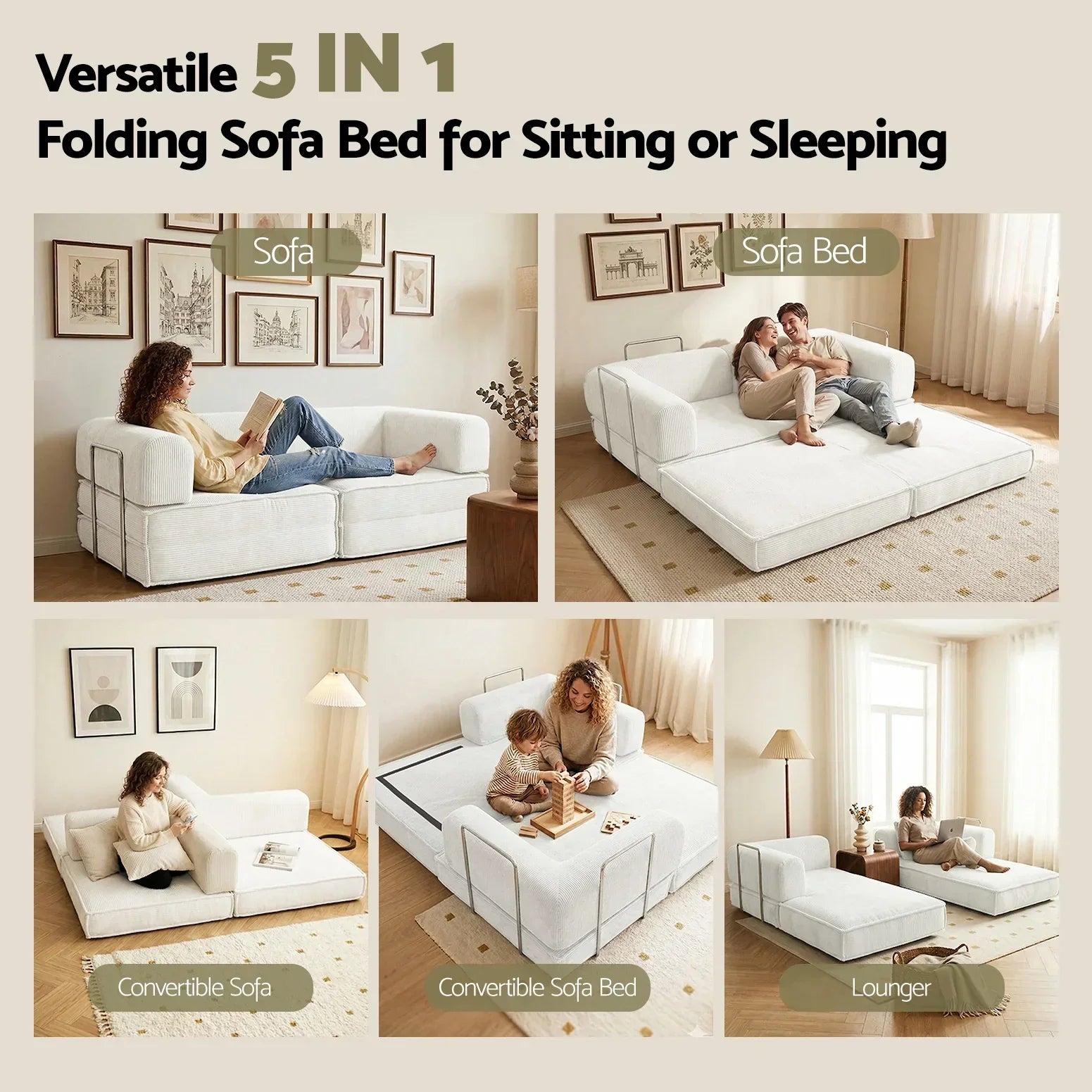 Artiss 2‑Seater Corduroy Convertible Sofa Bed – Foldable, Steel Frame, 300kg Capacity