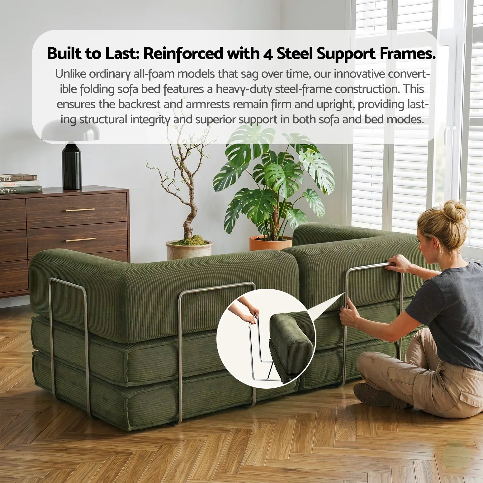 2‑Seater Corduroy Convertible Sofa Bed – Foldable, Steel Frame, 300kg Capacity
