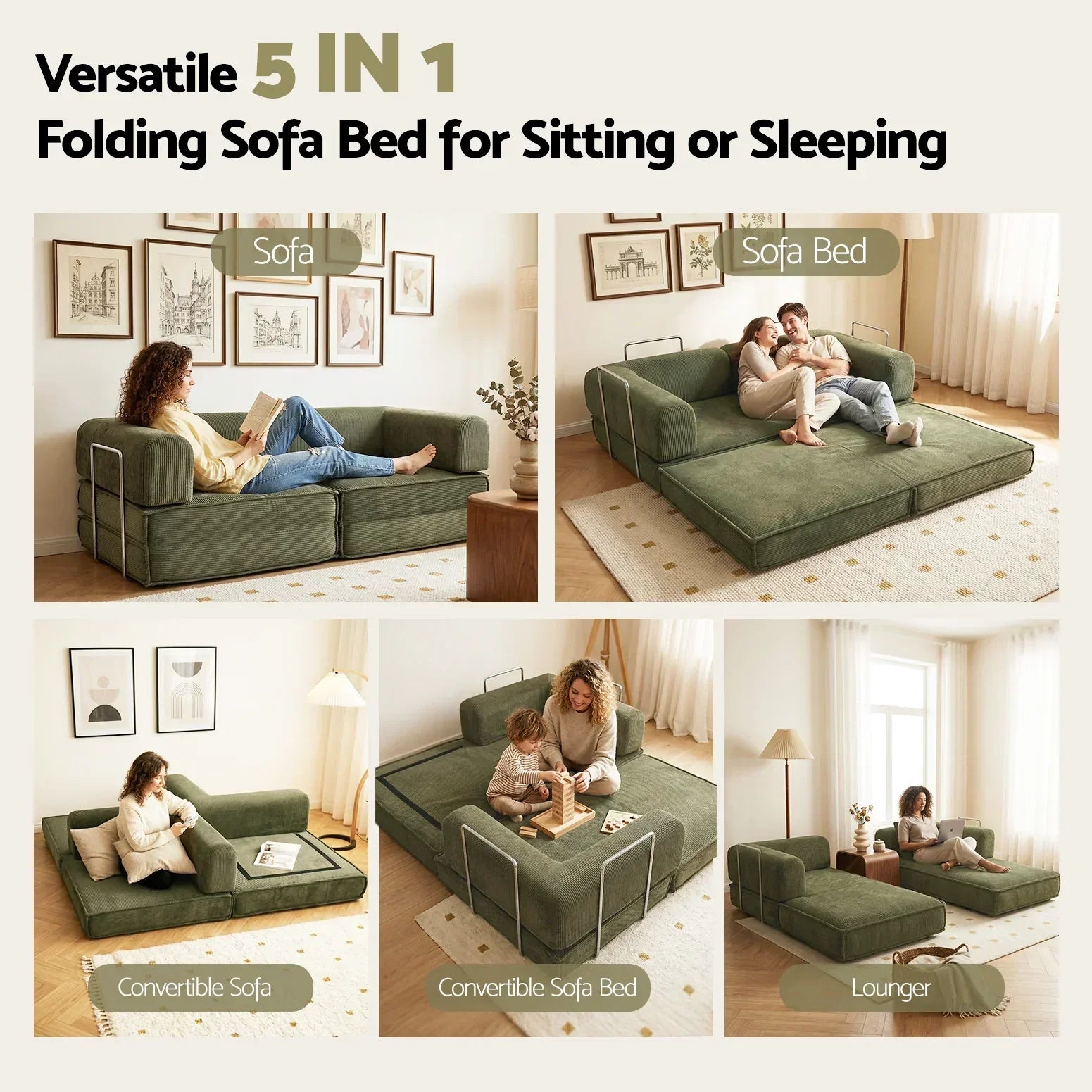 2‑Seater Corduroy Convertible Sofa Bed – Foldable, Steel Frame, 300kg Capacity