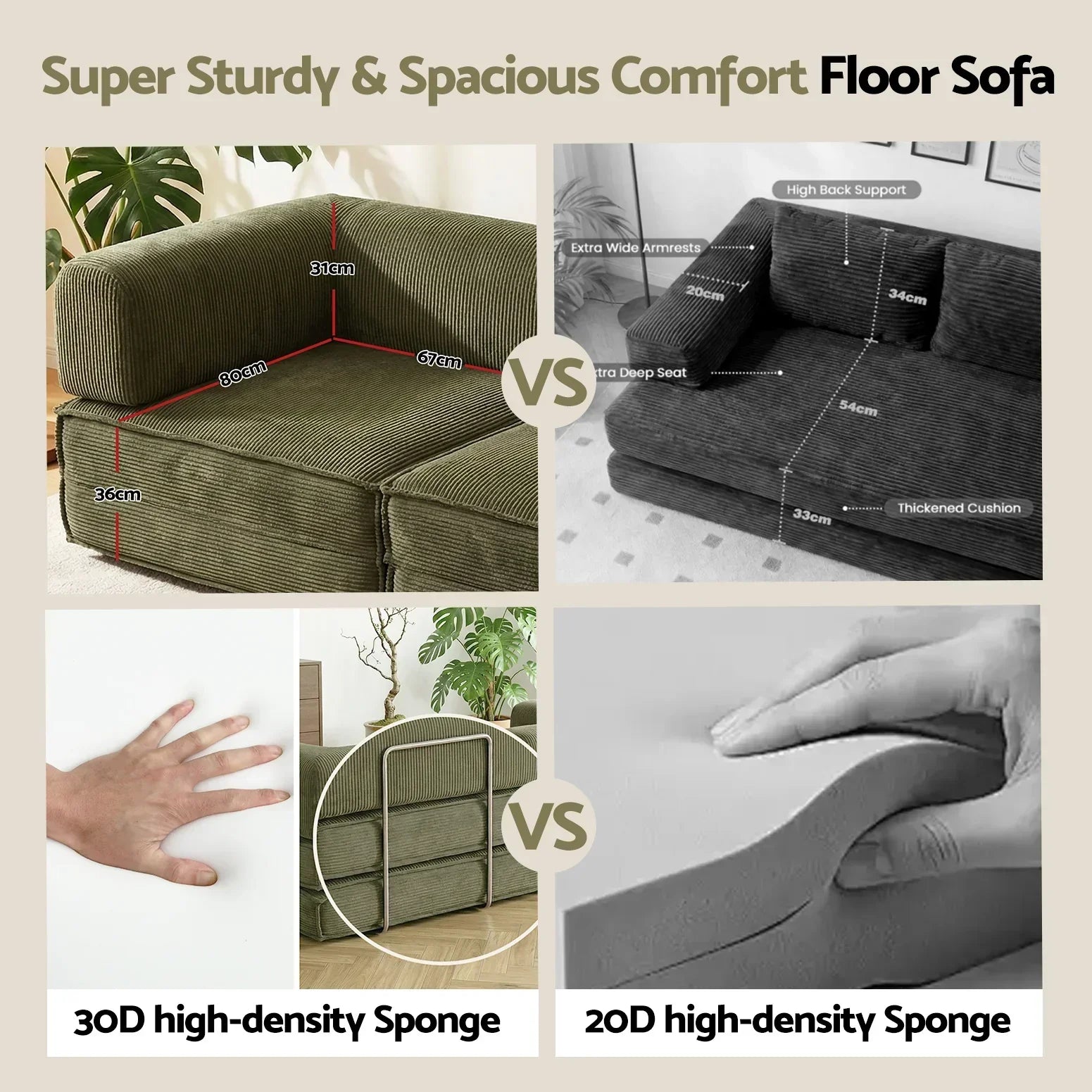 2‑Seater Corduroy Convertible Sofa Bed – Foldable, Steel Frame, 300kg Capacity