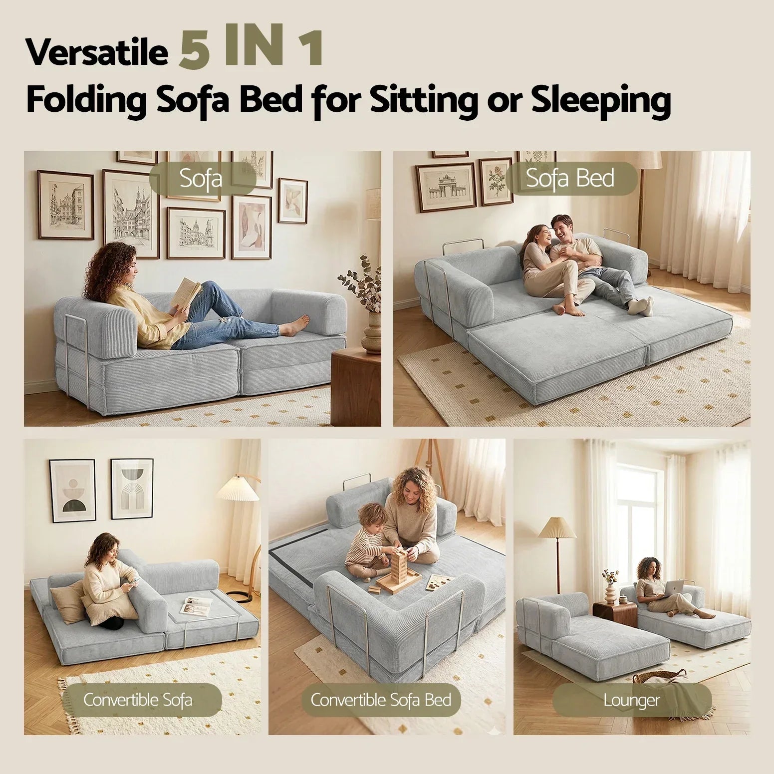 Artiss 2‑Seater Foldable Sofa Bed – Corduroy, Steel Frame, 300kg Support, Convertible