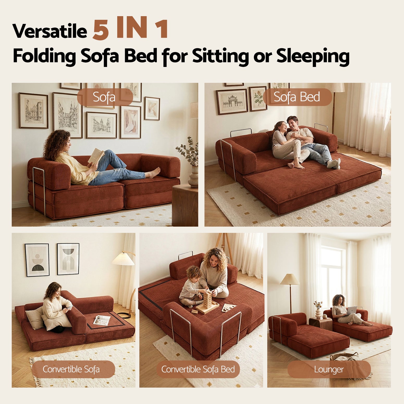 Convertible Folding Sofa Bed 2-Seater Corduroy Orange 300kg Capacity Set
