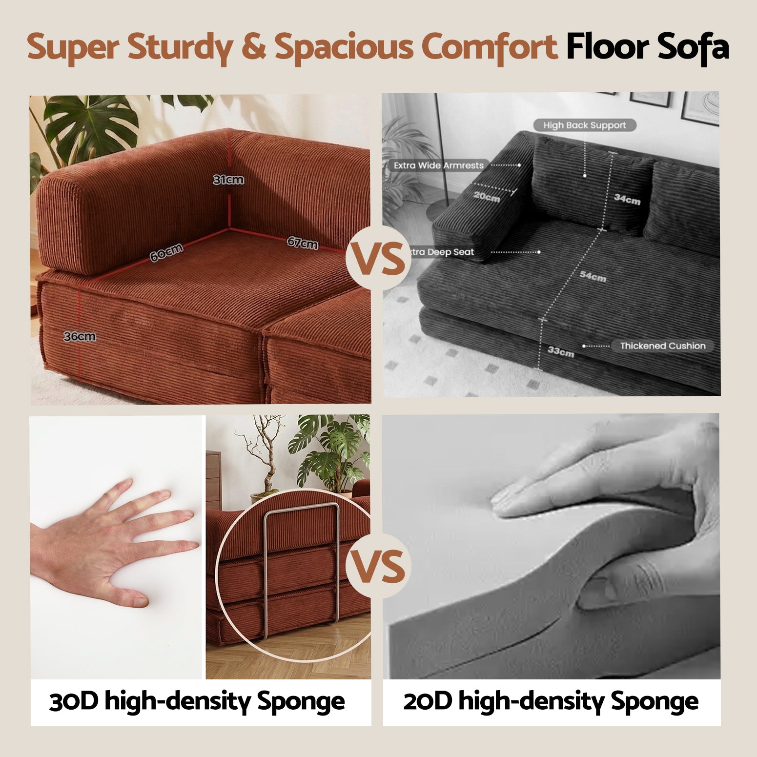 Convertible Folding Sofa Bed 2-Seater Corduroy Orange 300kg Capacity Set