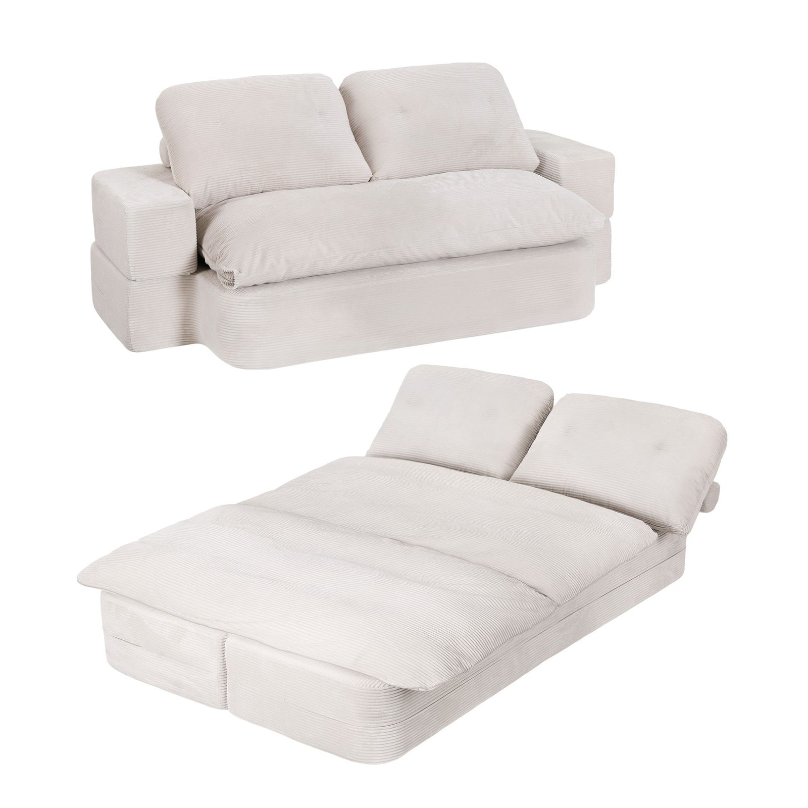 Convertible Corduroy Sofa Bed 30D Foam Sleeper Couch Beige