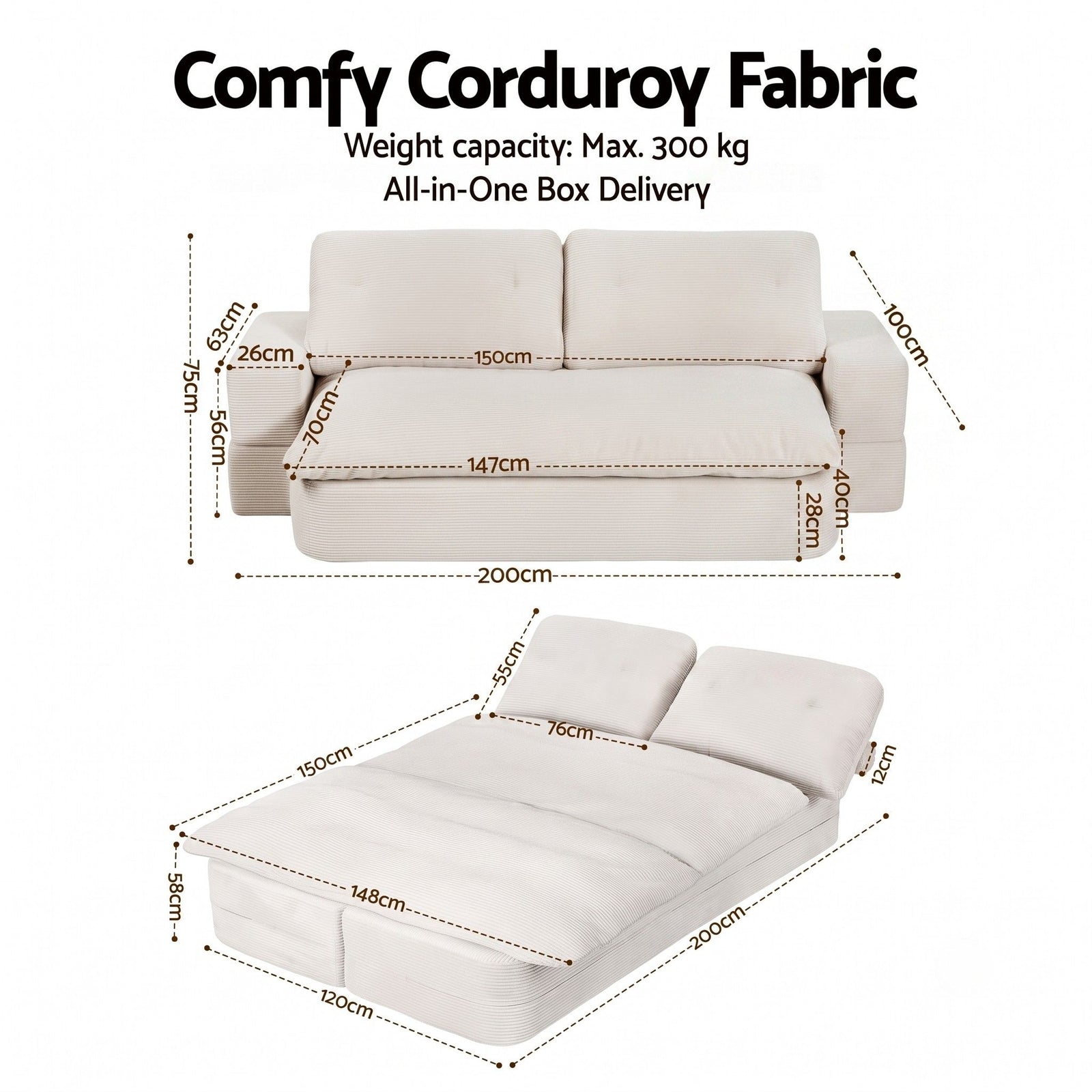 Convertible Corduroy Sofa Bed 30D Foam Sleeper Couch Beige