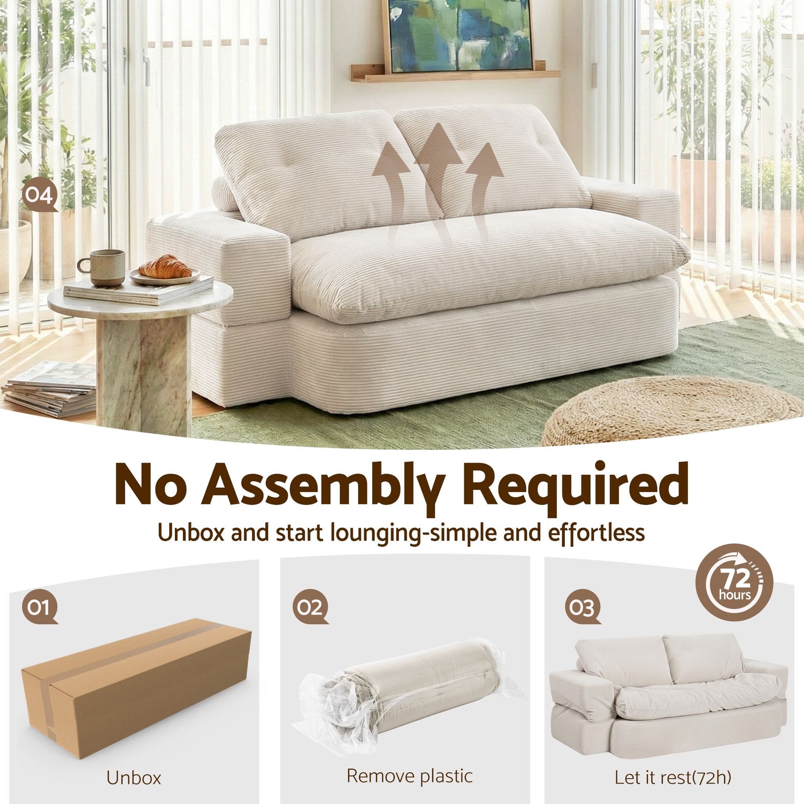 Convertible Corduroy Sofa Bed 30D Foam Sleeper Couch Beige