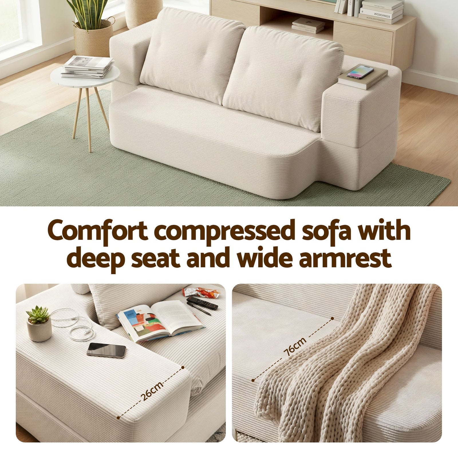 Convertible Corduroy Sofa Bed 30D Foam Sleeper Couch Beige