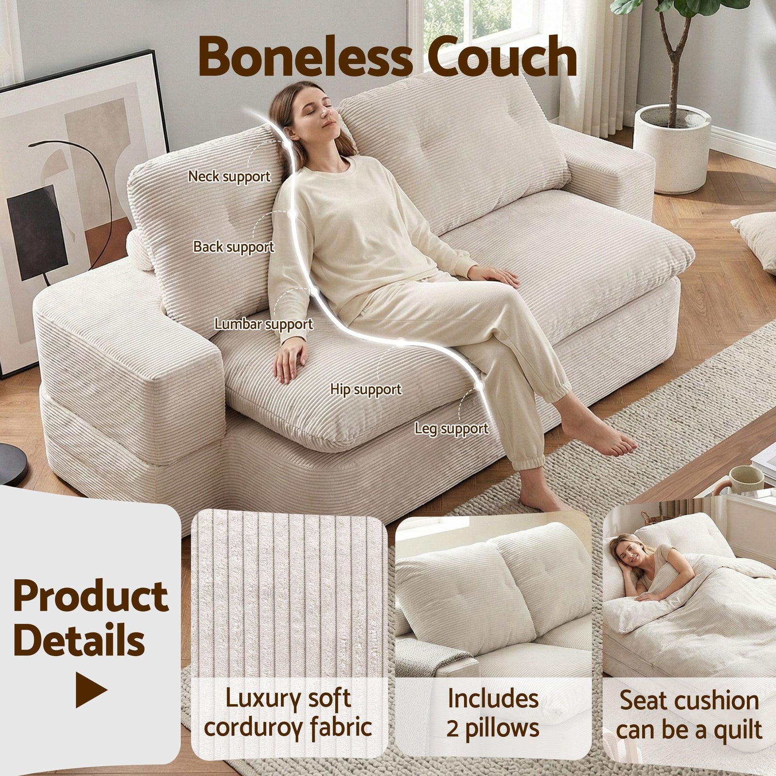 Convertible Corduroy Sofa Bed 30D Foam Sleeper Couch Beige