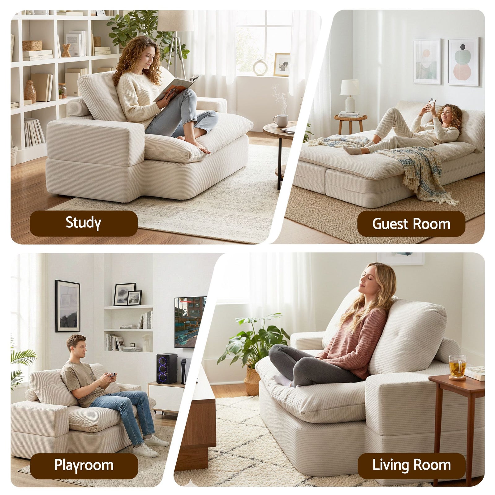 Convertible Corduroy Sofa Bed 30D Foam Sleeper Couch Beige