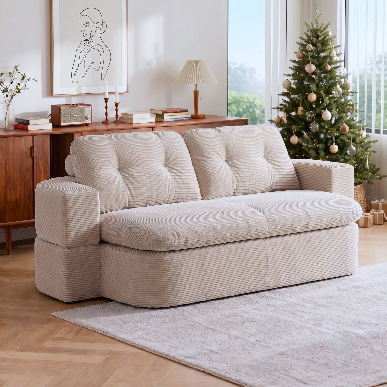 Convertible Corduroy Sofa Bed 30D Foam Sleeper Couch Beige
