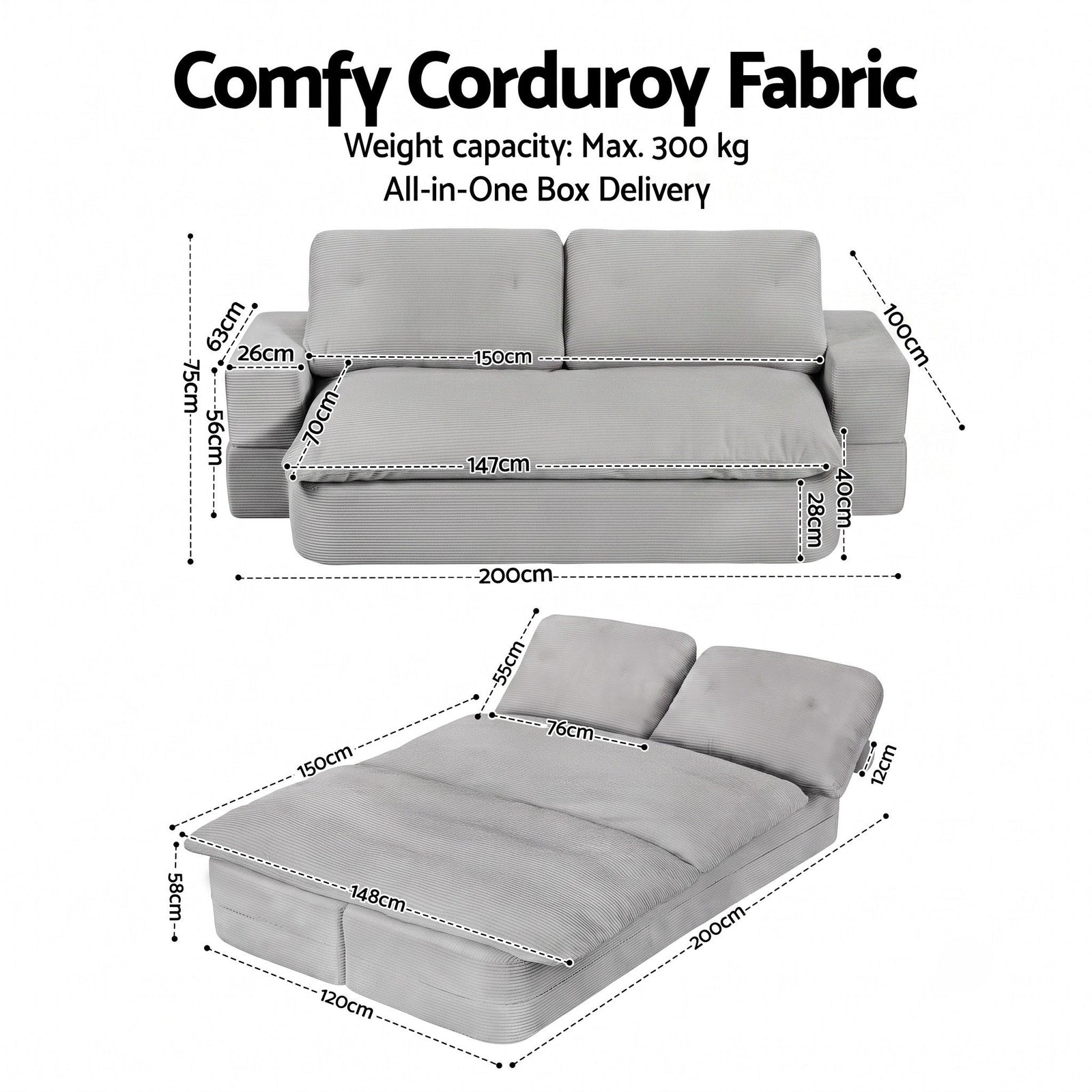 Convertible Corduroy Sofa Bed 30D Foam Sleeper Couch Grey