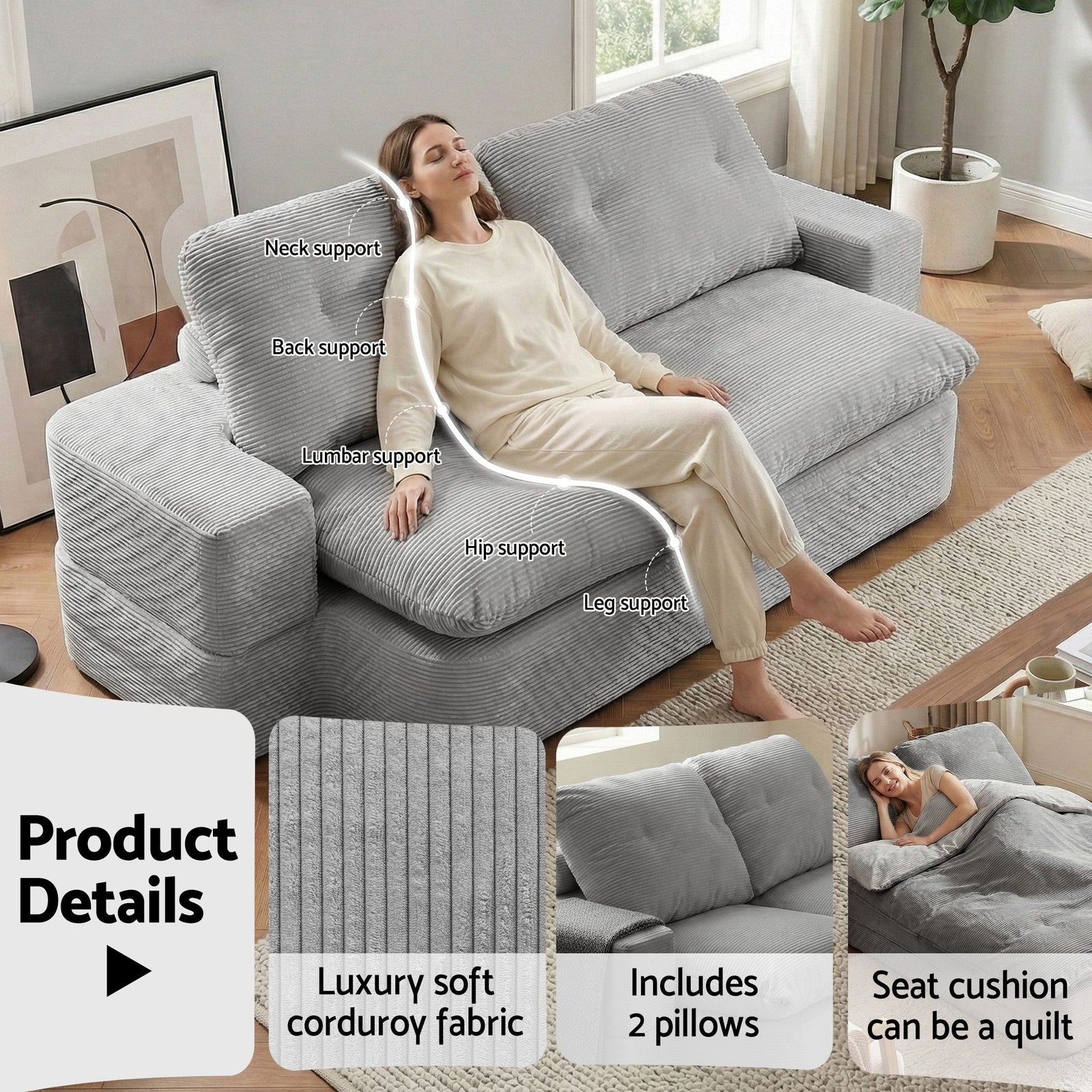 Convertible Corduroy Sofa Bed 30D Foam Sleeper Couch Grey
