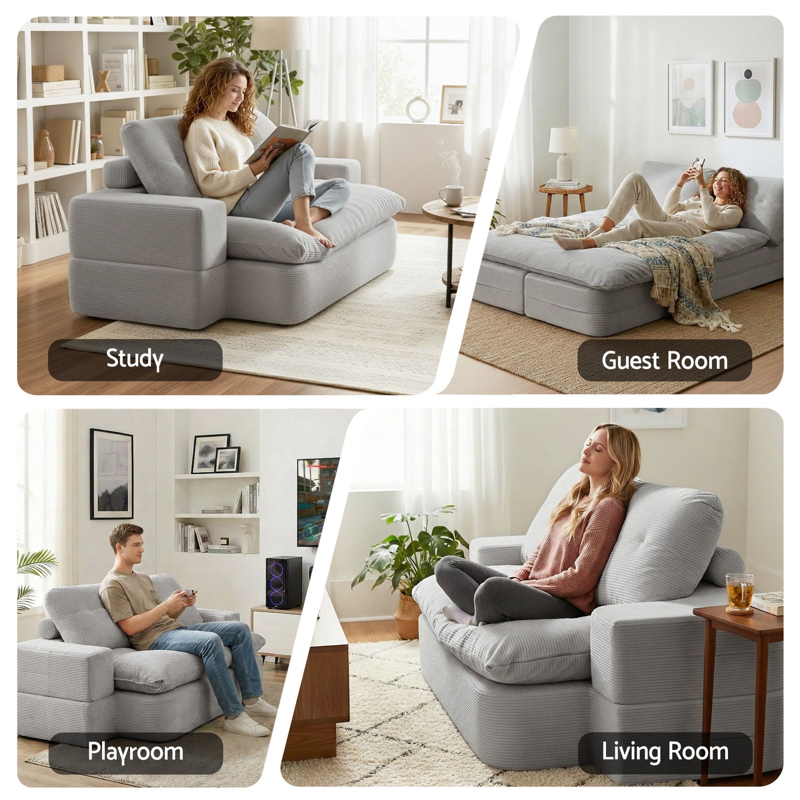Convertible Corduroy Sofa Bed 30D Foam Sleeper Couch Grey