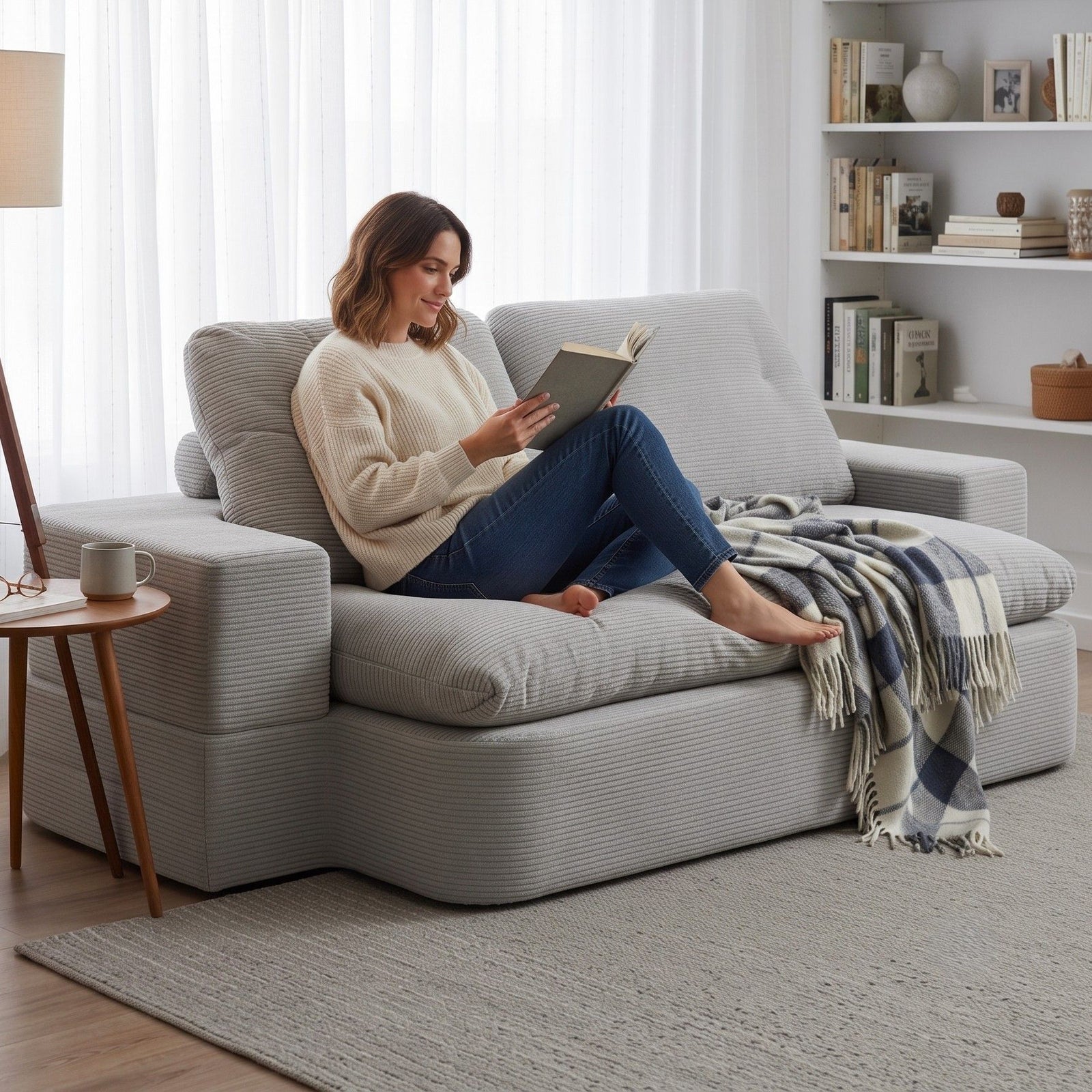 Convertible Corduroy Sofa Bed 30D Foam Sleeper Couch Grey