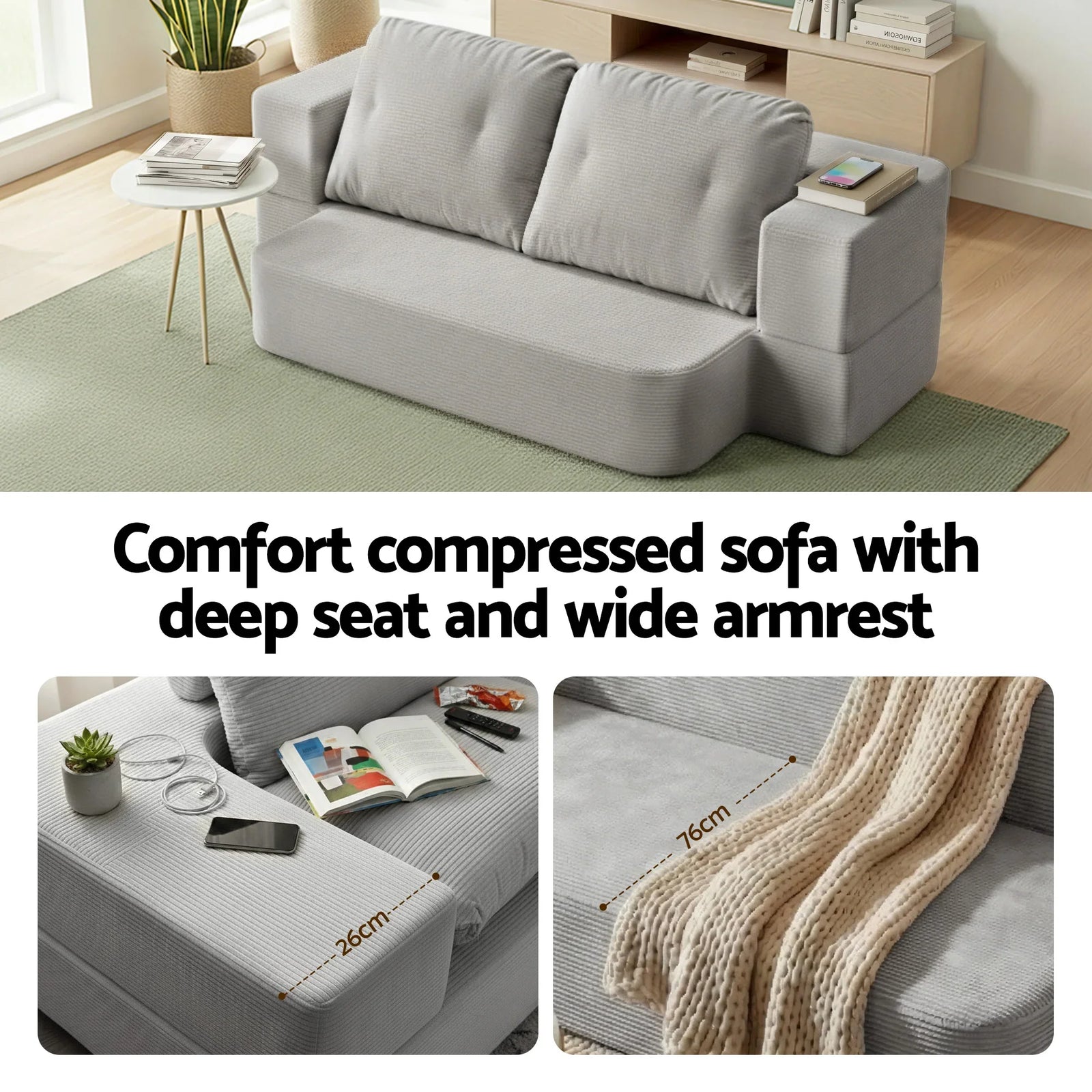Convertible Folding Sofa Bed 30D High-Density Foam Boneless Couch with Corduroy Sleeper Couch Lounger for Living Room Grey