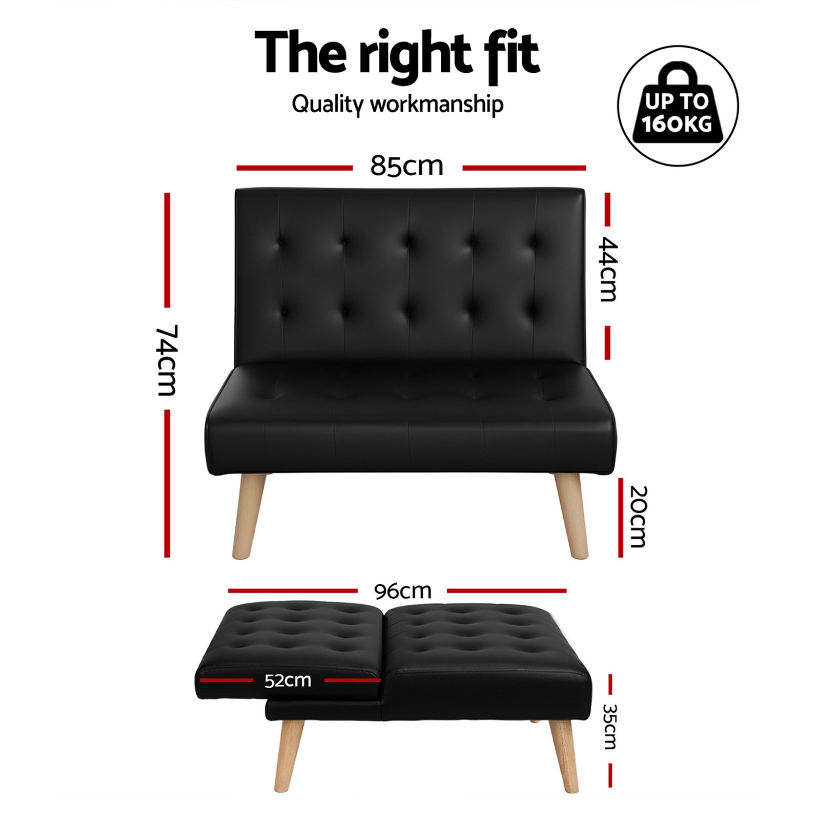 Sofa Bed Couch 2 Seater Lounge Fabric Black